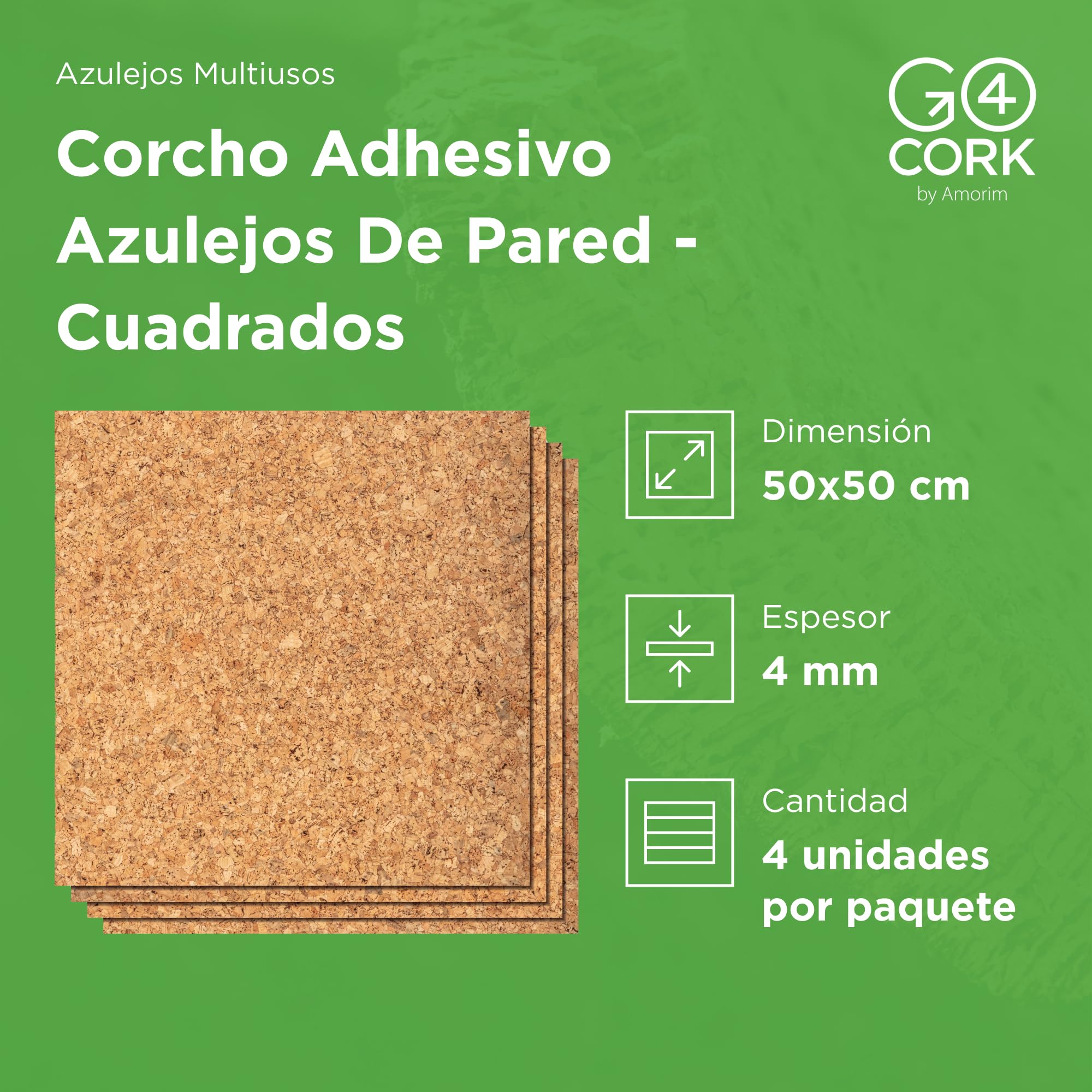 Baldosas adhesivas cuadradas de corcho Go4Cork 50×50cm, paquete de 4 | Baldosas de corcho ecológico con reverso adhesivo | Multiuso para manualidades y decoración | Antideslizantes y fáciles de usar