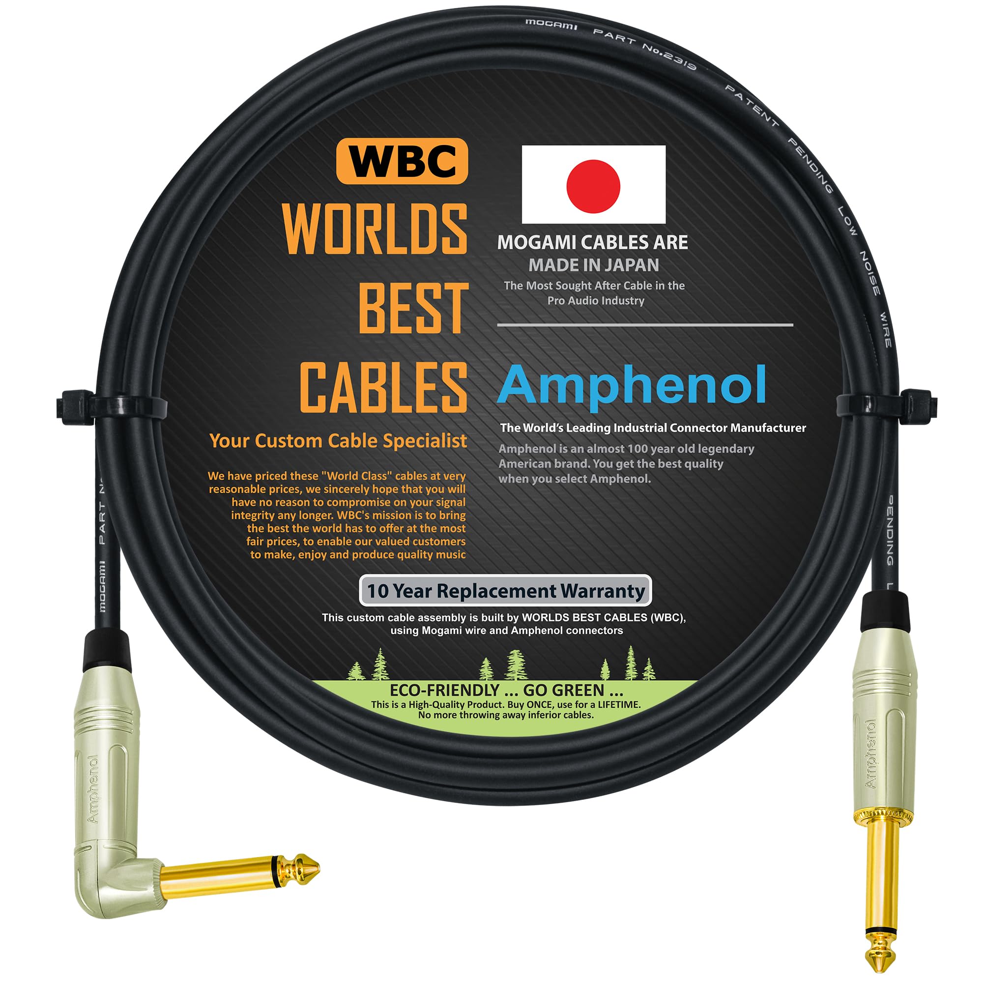WORLDS BEST CABLES 6 Foot - Pedal, Effects, Patch, Instrument Cable Custom Made Using Mogami 2319 Wire & Amphenol ACPM-RN-AU & ACPM-GN-AU M-Series Angled & Straight Gold TS Plugs