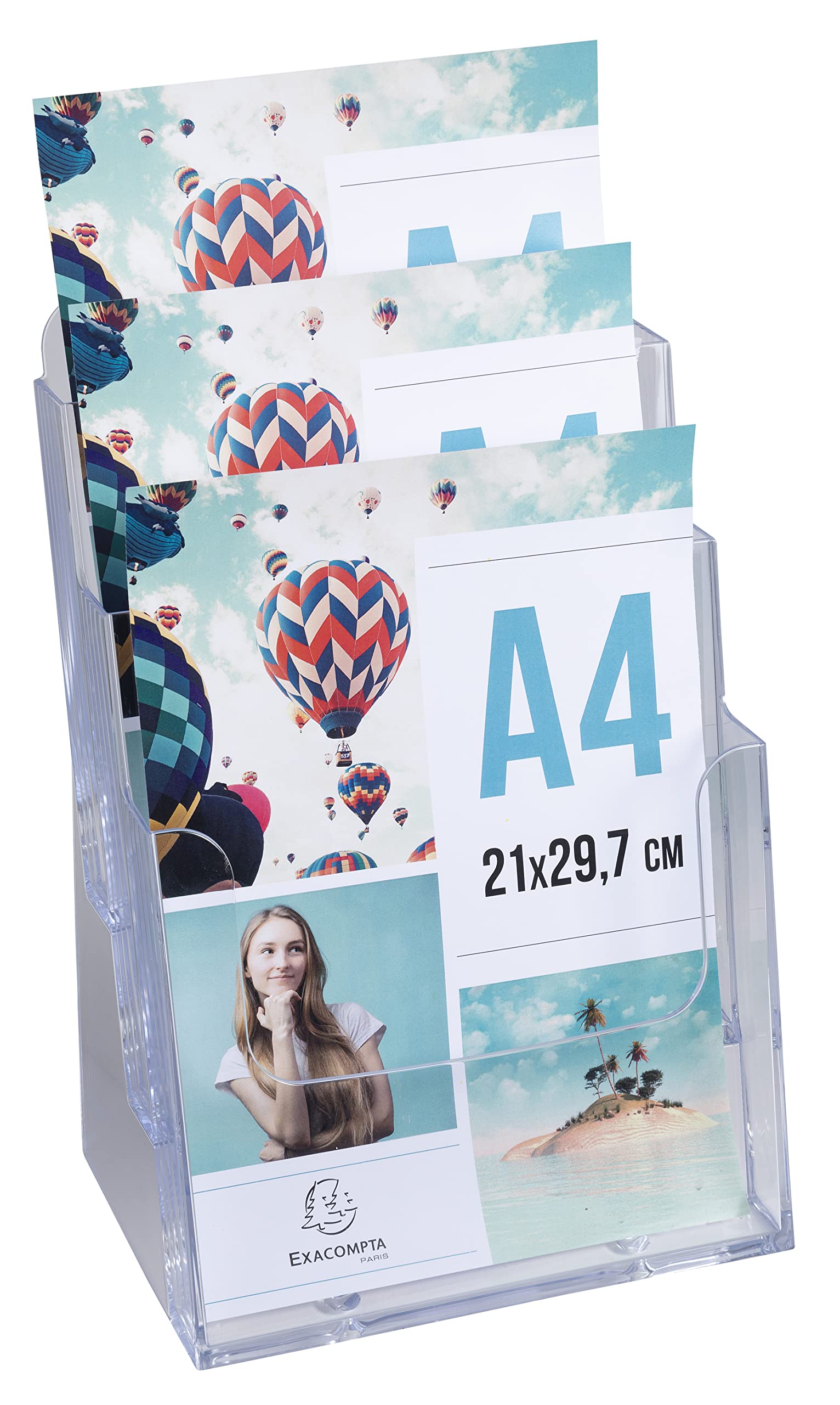 Exacompta – 74158D – Set de 4 dispensadores de folletos de sobremesa – 3 compartimentos – Monobloc – Dimensiones: Prof. 15,5 x ancho 23,7 x Alto 33,9 cm – Formato para archivar A4 – Cristal