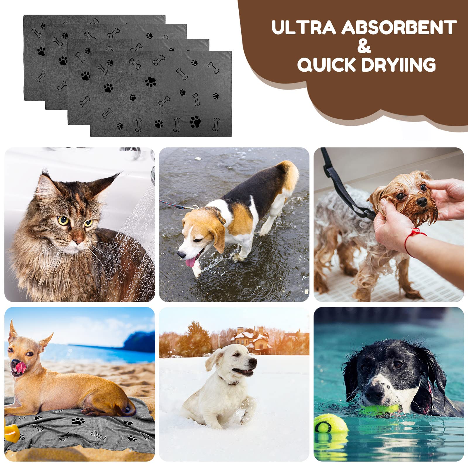 Chumia Lot de 4 Serviettes en Microfibre absorbantes pour Chien et Chiot - Fournitures de Bain à séchage Rapide pour Chats et Animaux domestiques de Taille Moyenne (61 x 101,6 cm, Gris)
