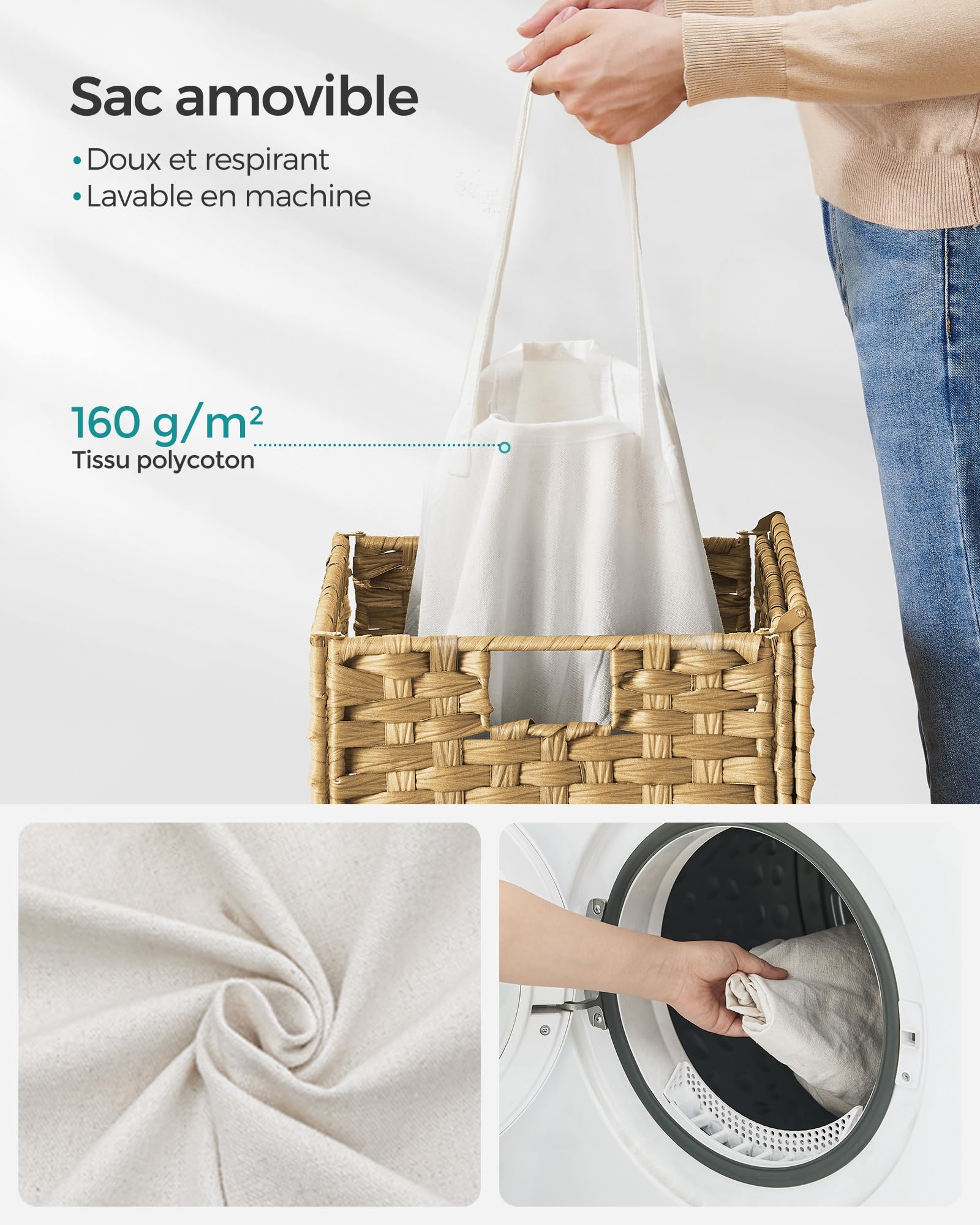 SONGMICS Panier de Rangement, Corbeille Linge Sale 90L avec Couvercle, Pliable, Sac en Tissu Amovibles et Poignées, pour Couvertures, Vêtements, Salon, Chambre, Buanderie, Couleur Boisée LCB51NL