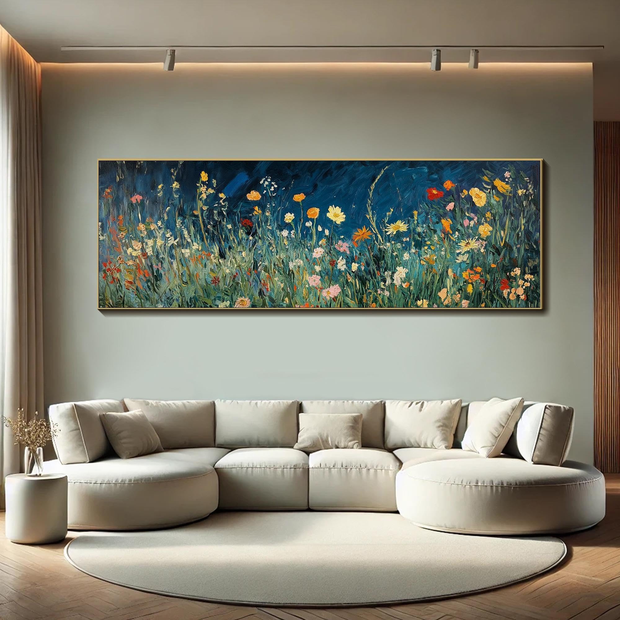 XINBAO Quadro da parete con texture floreale orizzontale 3D, grande, lungo e largo, dipinto botanico blu su tela, immagini di fiori selvatici colorati 50x150 cm senza cornice