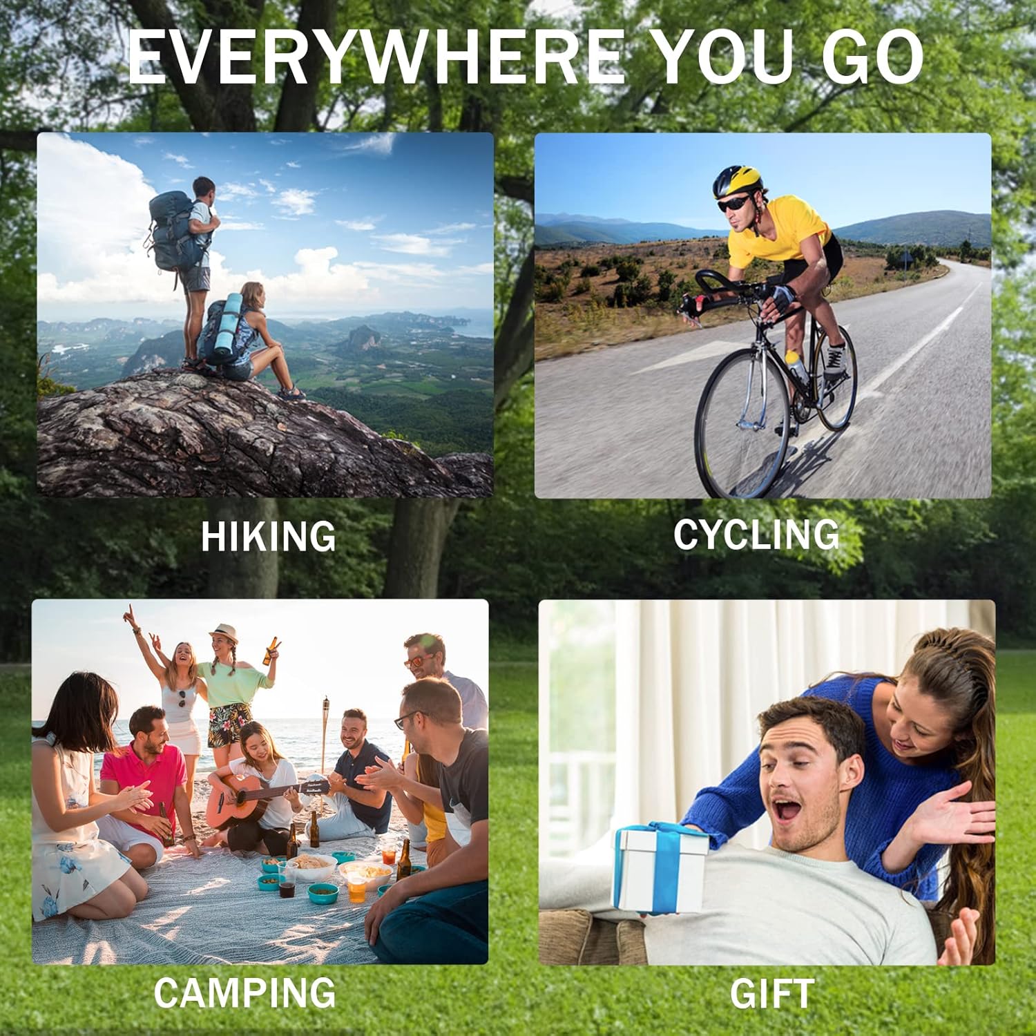 Collage showing various activities like hiking, cycling, camping, and gifting, indicating the versatility of the ORIDECOR Speaker Watch.