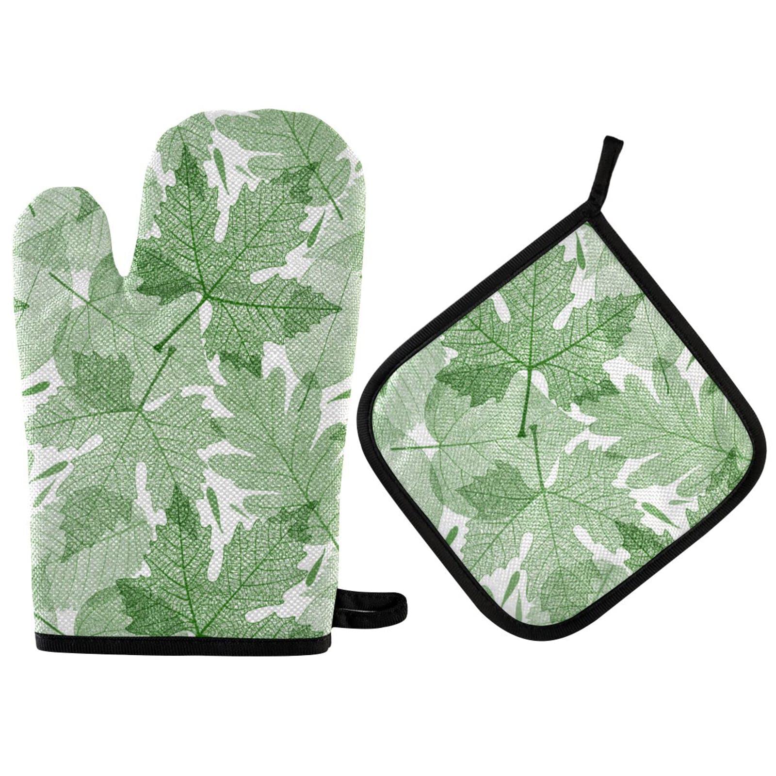 ZZXXB Green Leaves Oven Mitts and Pot Holders Set of 2 Heat Resistant Non-Slip Kitchen Gloves for Cooking Baking Barbecue Grilling