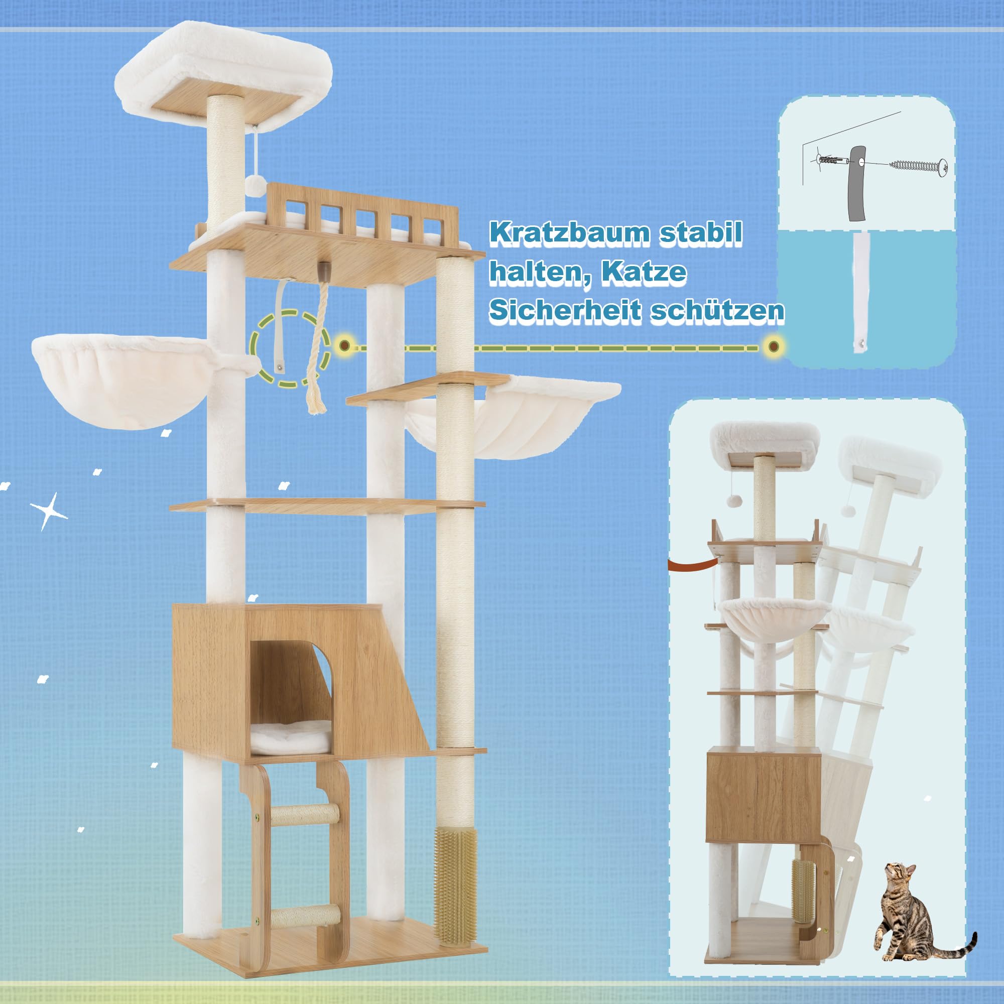 Hey-brother Albero per Gatti in Legno Moderno, Tiragraffi per Gatti 184 cm, Multinivello Stabile con Piattaforme Grandi, Amaca, Nido Spazioso, Pettine per Mantello e Scala, Bianco Rovere MPJ121BT