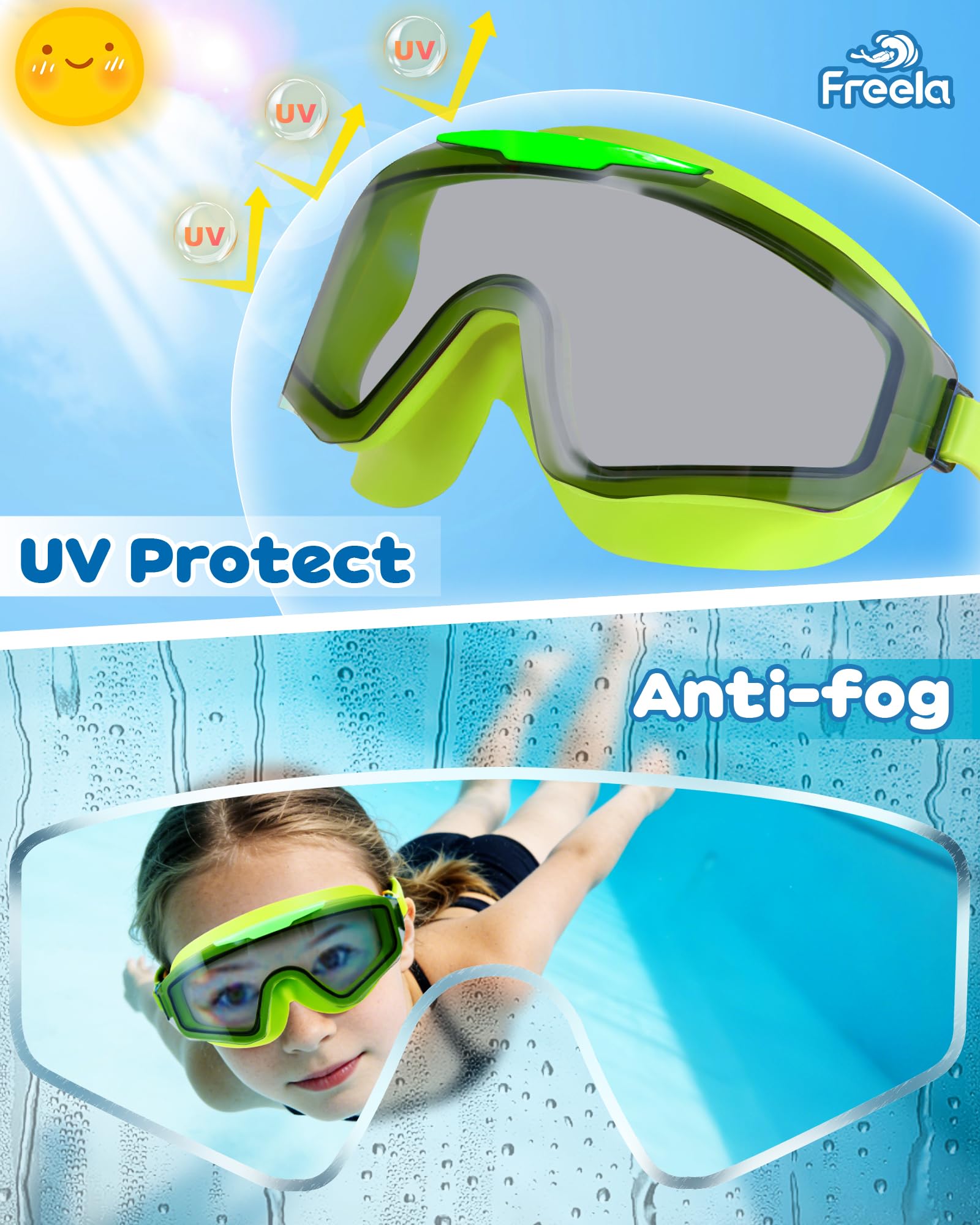 Freela Kinder-Schwimmbrille für Kinder von 8–16, Anti-Beschlag, UV-Schutz, extra Silikonschicht, Schwimmbrille für Jugendliche, Jungen, Mädchen, 2 Stück