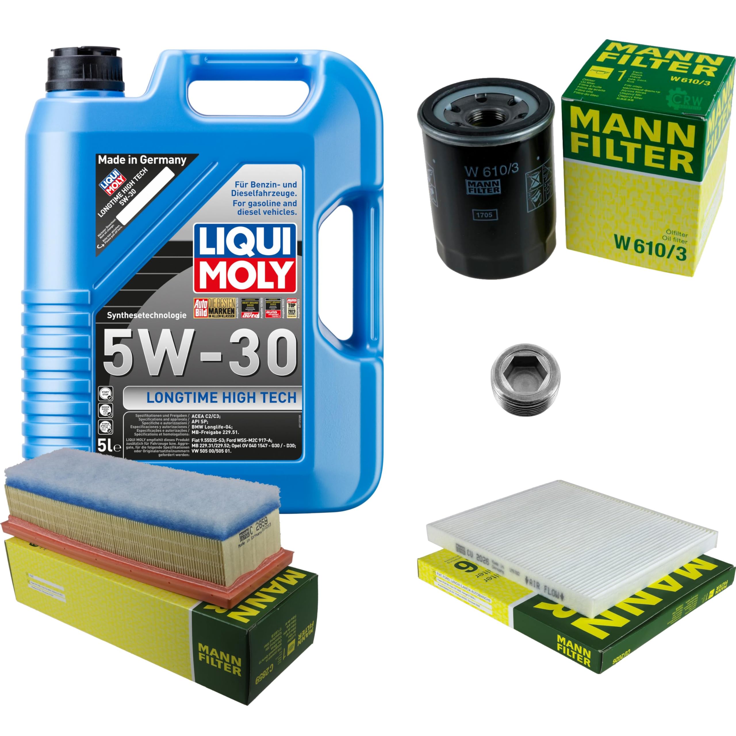 Inspektionspaket enthält 5 Liter Motoröl Longtime High Techl 5W-30 Ölfilter Luftfilter Innenraumfilter Verschlussschraube kompatibel mit KA RU8 1.2 Panda 169 169