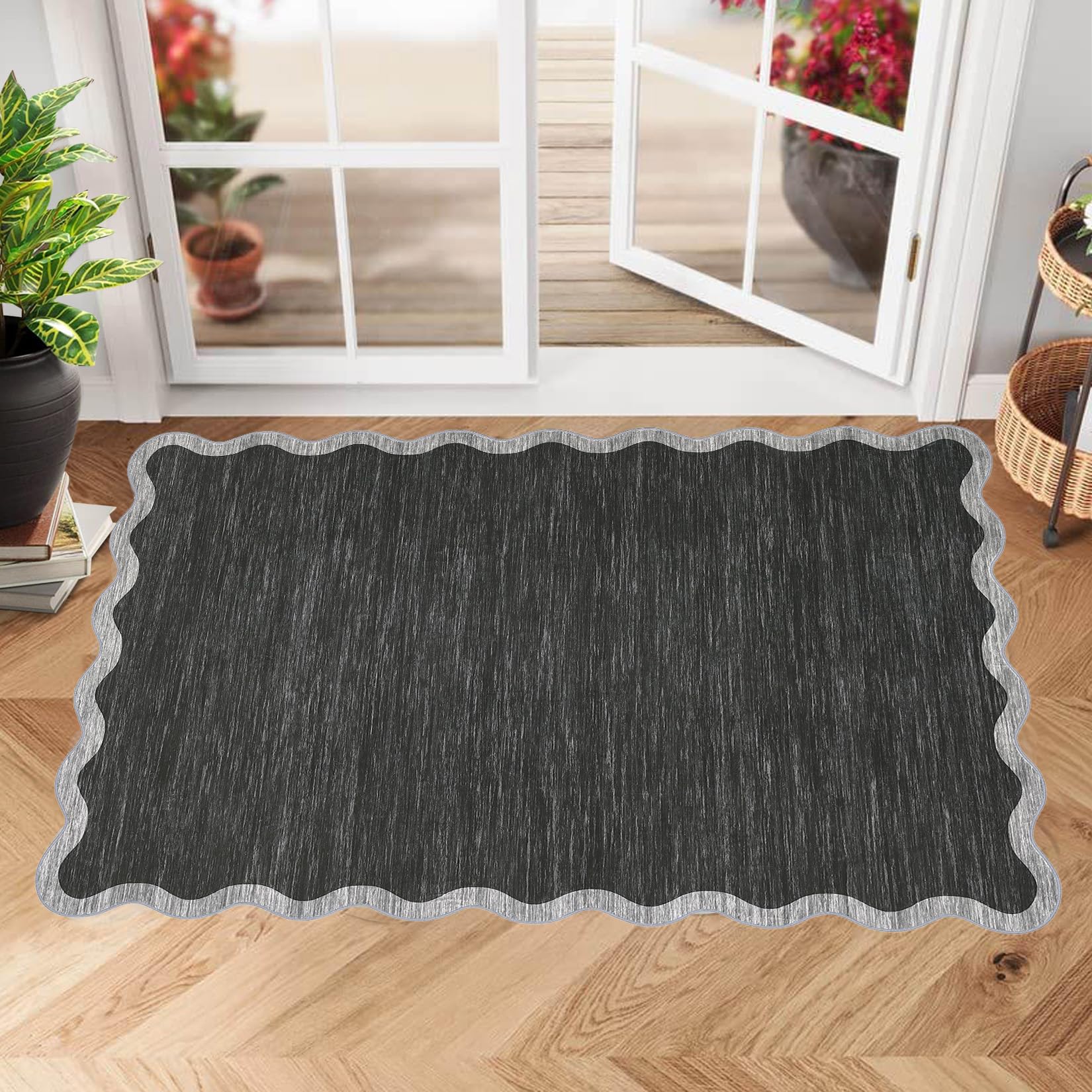 Small Area Rug 60x100cm Modern Entry Rug Solid Color Scalloped Kitchen Rugs Washable Bedroom Doormat Non Slip Stain Resistant Bordered Throw Carpet for Living Room Nursery Laundry, Dark Grey