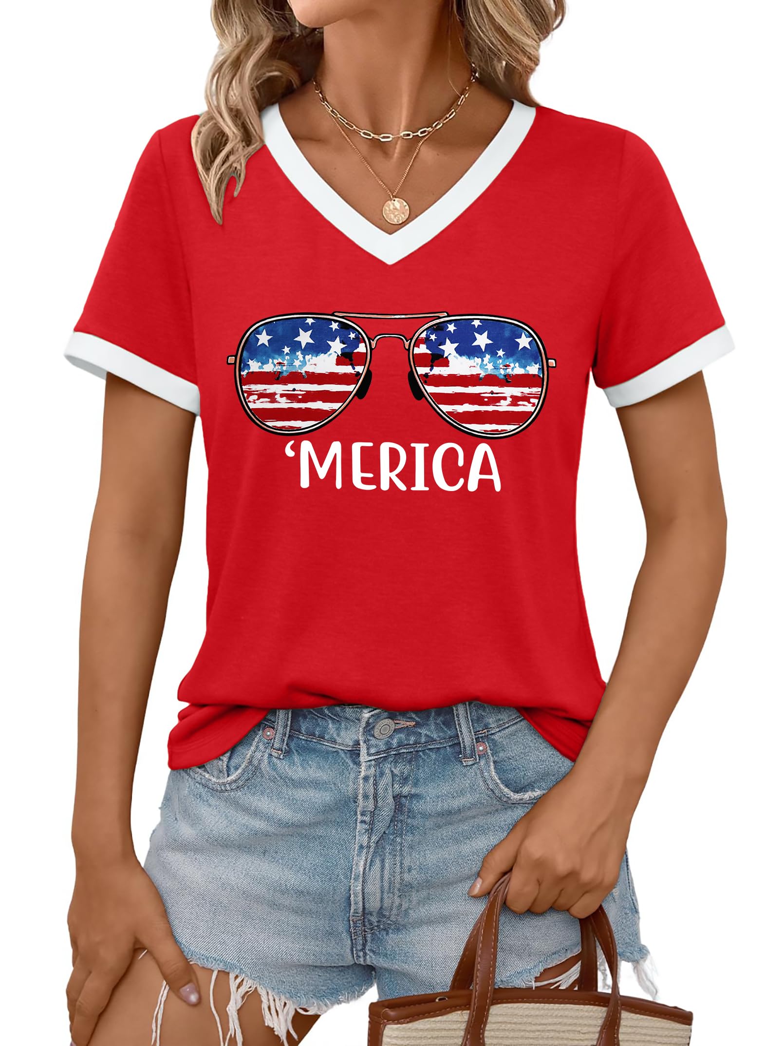 PECHAR 4th of July Shirts Women American Flag T-Shirt Faith Family Freedom Tshirt V-Neck Short Sleeve Patriotic Tees