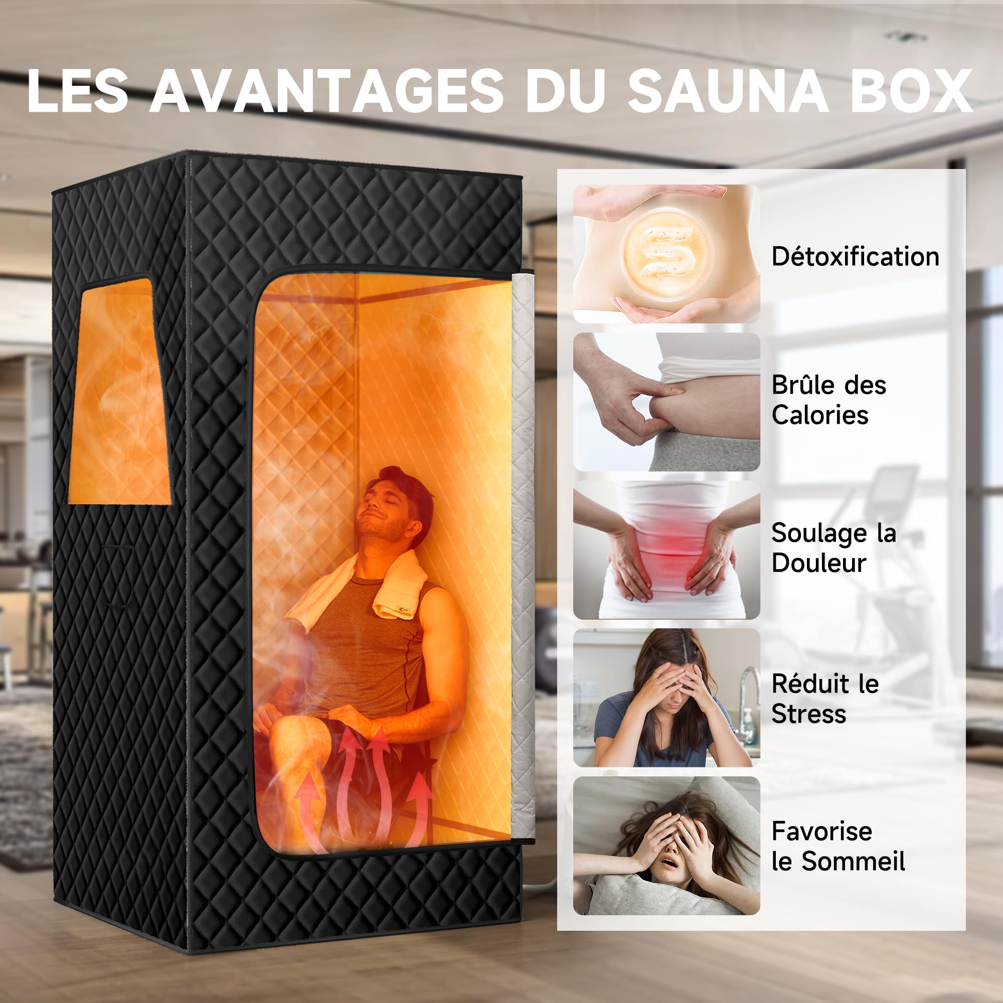 Resitsland Sauna Portable, spacieux et Portable pour la Maison, boîte de Tente de Sauna avec cuiseur Vapeur de 3 l, 90 x 90 x 180 cm, télécommande, Chaise Pliante, 9 Niveaux Nior