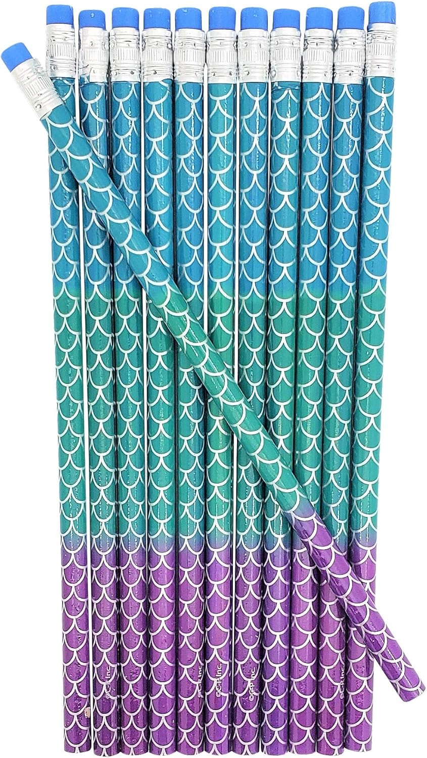 Fun Mermaid Scale Print Colorful Pencils with Eraser Top (7.5) Sea Creature Oceanic Ocean Animal Design. Standard size #2 Lead. Unsharpened. Made of Wood. (24 pack)