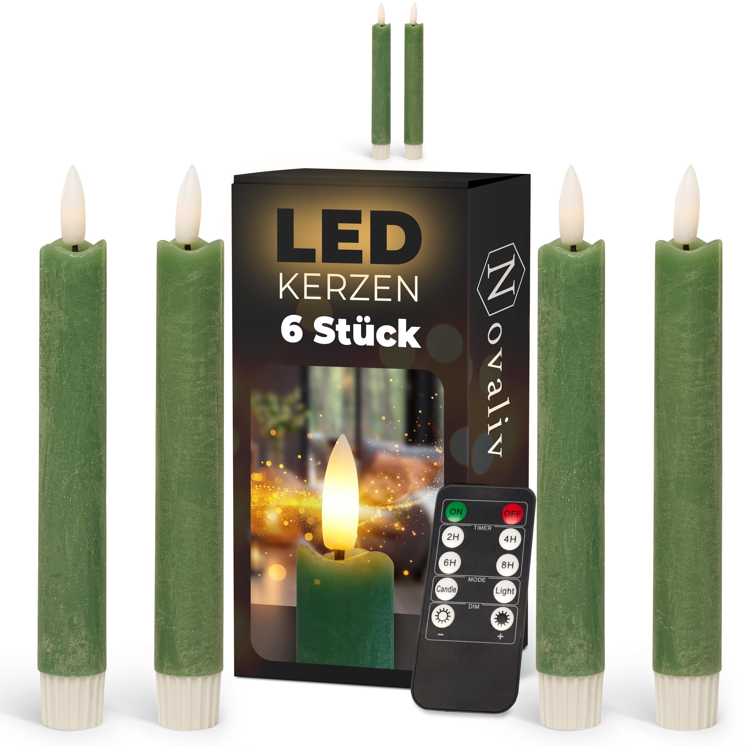 Novaliv Stabkerzen LED mit Timer Grün 6 Stück Indoor - 6 Stunden - ECHTWACHS 18cm Höhe für Kerzen 2,2cm Durchmesser 2 AAA Batterien notwendig LED Stabkerzen 2er Set Grün (Zwei Mal) bewegliche Flamme