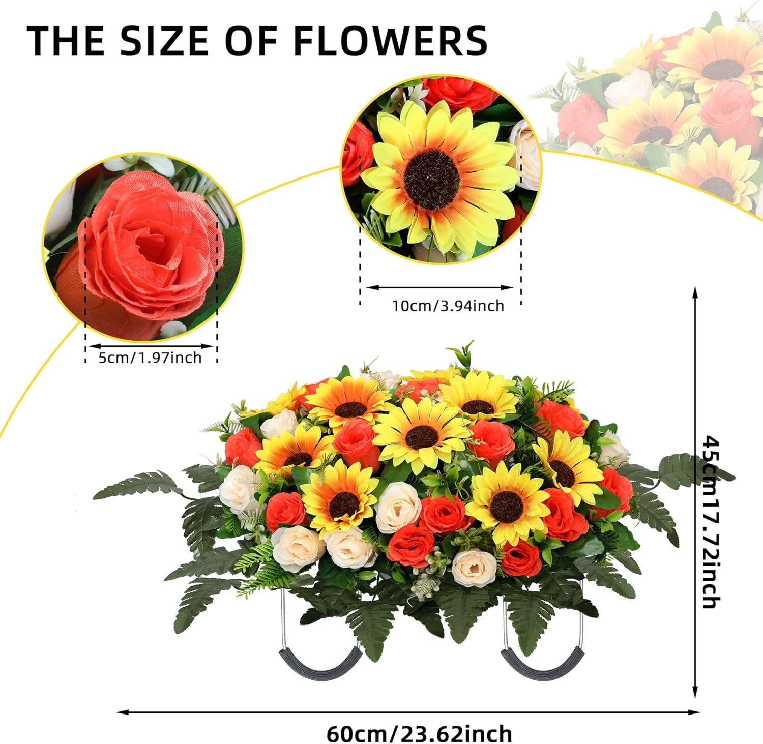 Lodou Artificial Cemetery Flowers Saddle-Shaped Tombstone Decorations,Large Headstone Flower Saddle,Rose Sunflower Memorial Flowers (Yellow Beige)