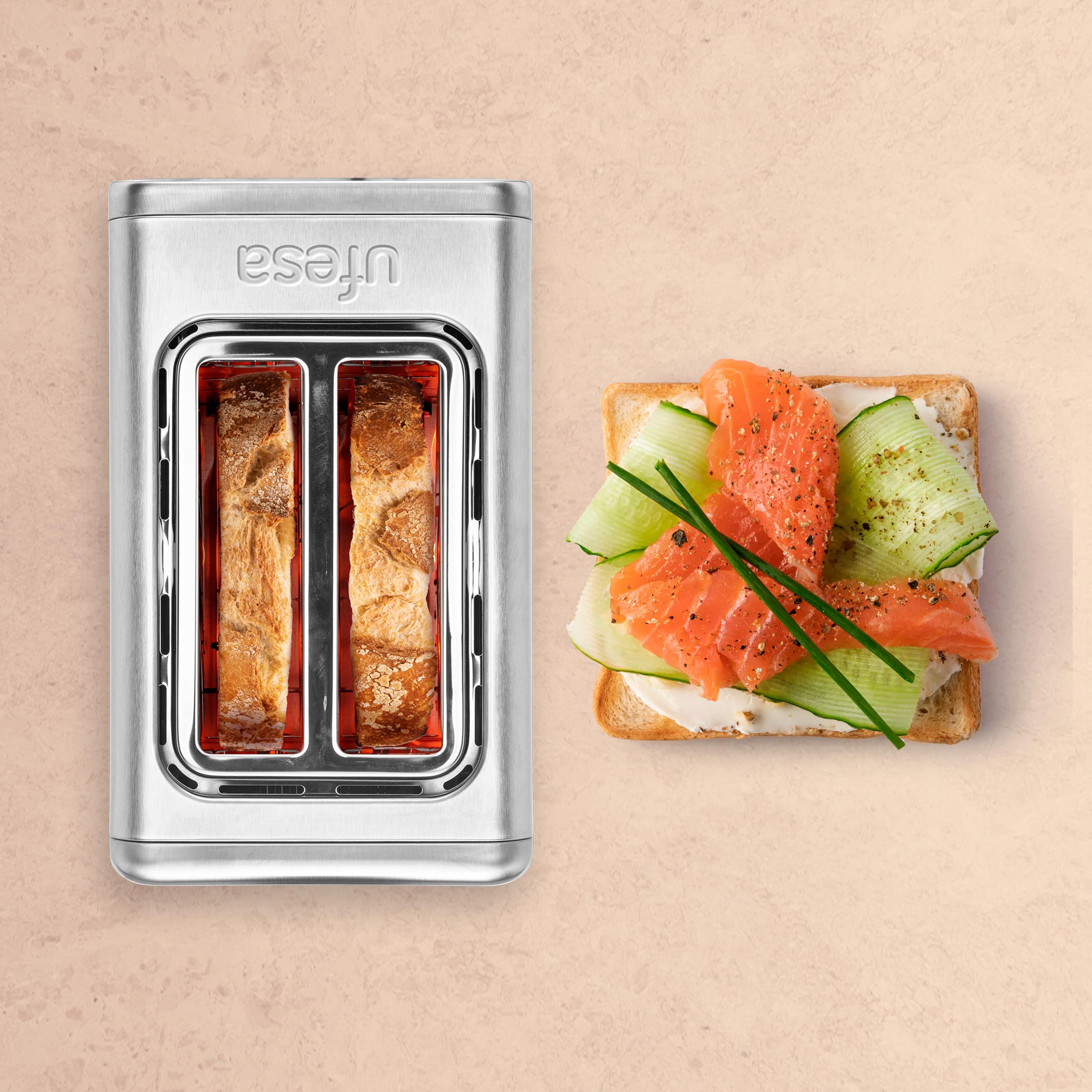 Ufesa One Touch Duo – Tostapane Digitale 850W, 2 Fessure, Schermo LED, 6 Livelli, Funzioni Pane, Bagel, Muffin, Waffle, Riscaldamento, Scongelamento, Memoria, Vassoio Raccoglibriciole