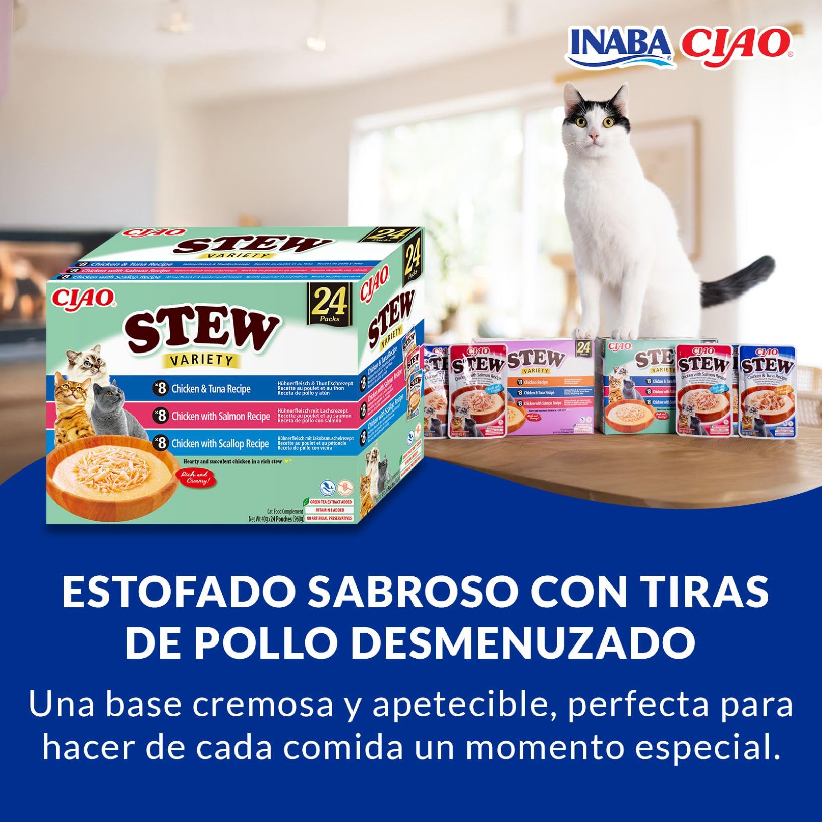 INABA Ciao Stew Gatos - Receta Saludable de Estofado Cremoso con Pollo, Atún y Salmón - Comida Húmeda con Tiras de Pollo - Alimento Natural sin Cereales - 960g (24 Sobres x 40g)