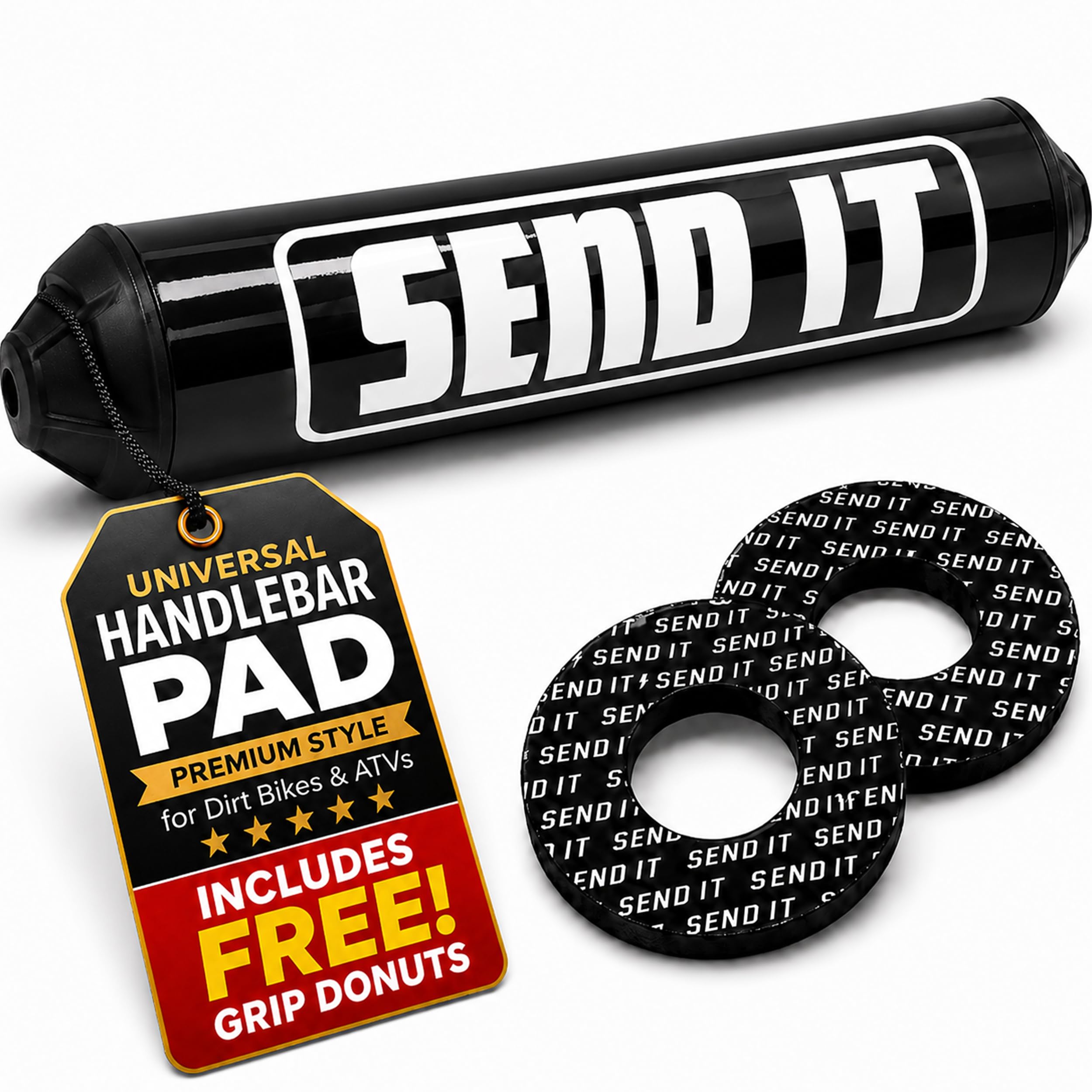SEND IT Handlebar Pad with FREE GRIP DONUTS - Universal Fit for Dirt Bikes and ATVs Crossbar by ThrottlePak (BLACK, ROUND)