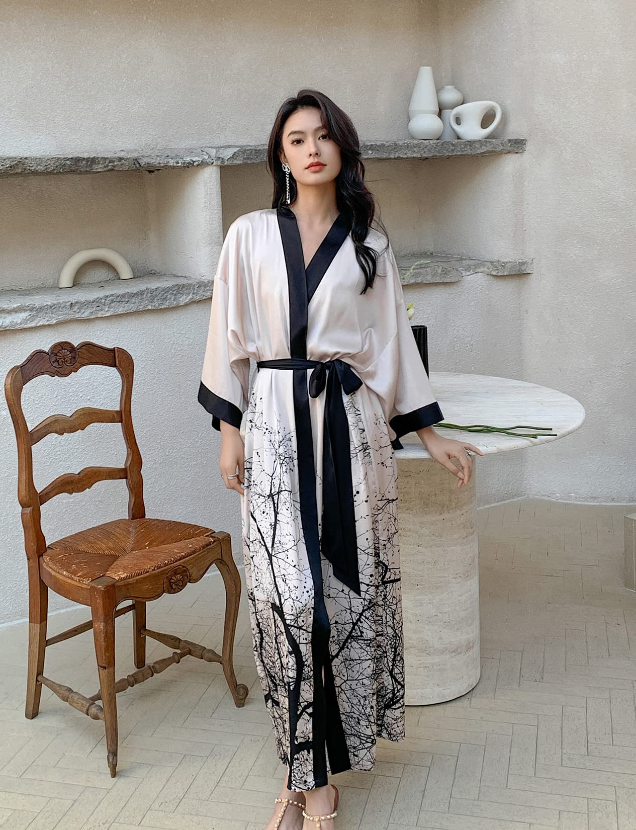 Kimono long en satin pour femme - Imprimé floral