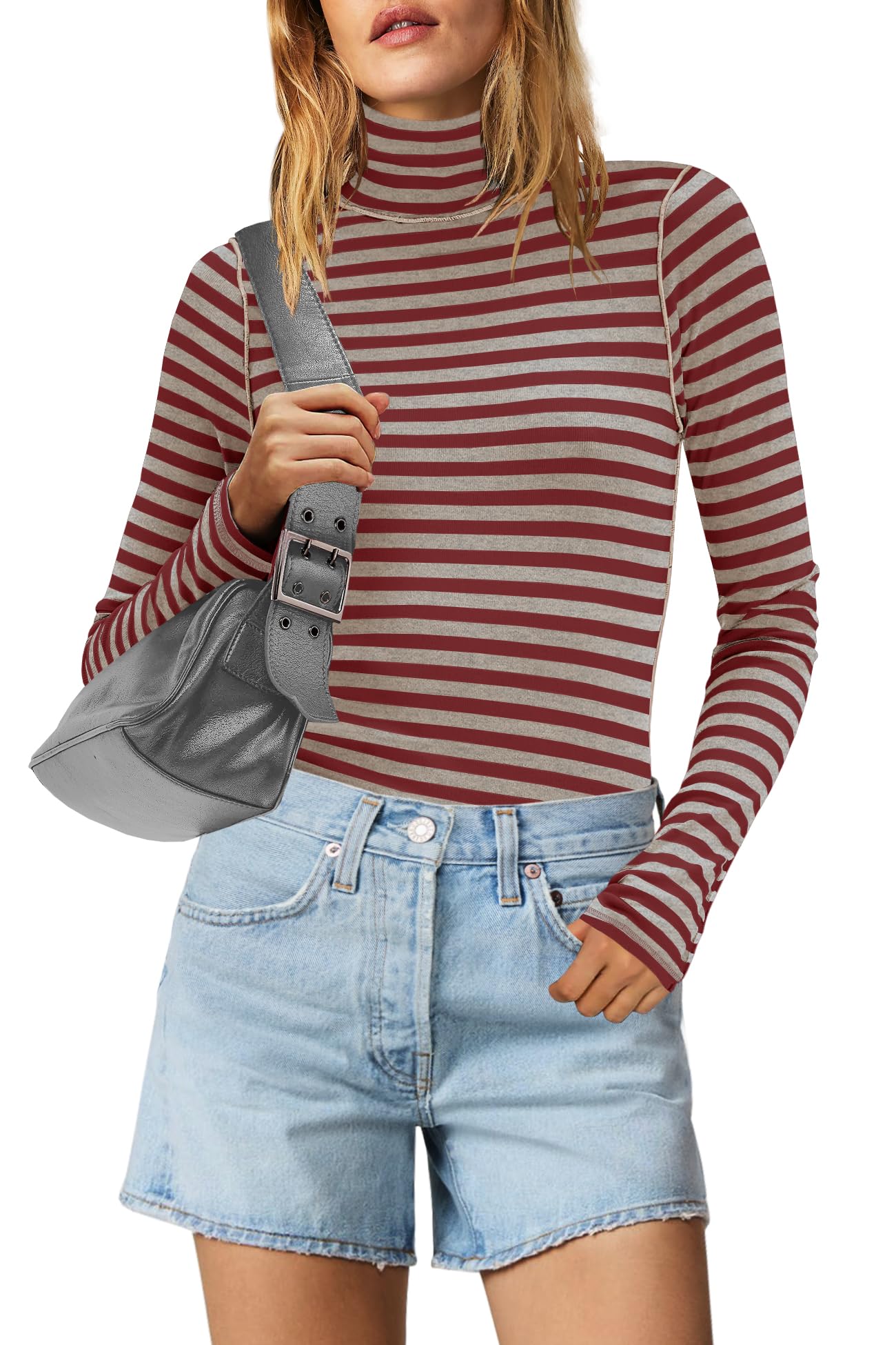 Yanekop Womens Striped Turtleneck Shirt Long Sleeve Striped Shirts Ribbed Knit Slim Fit Top Fitted Basic Tees