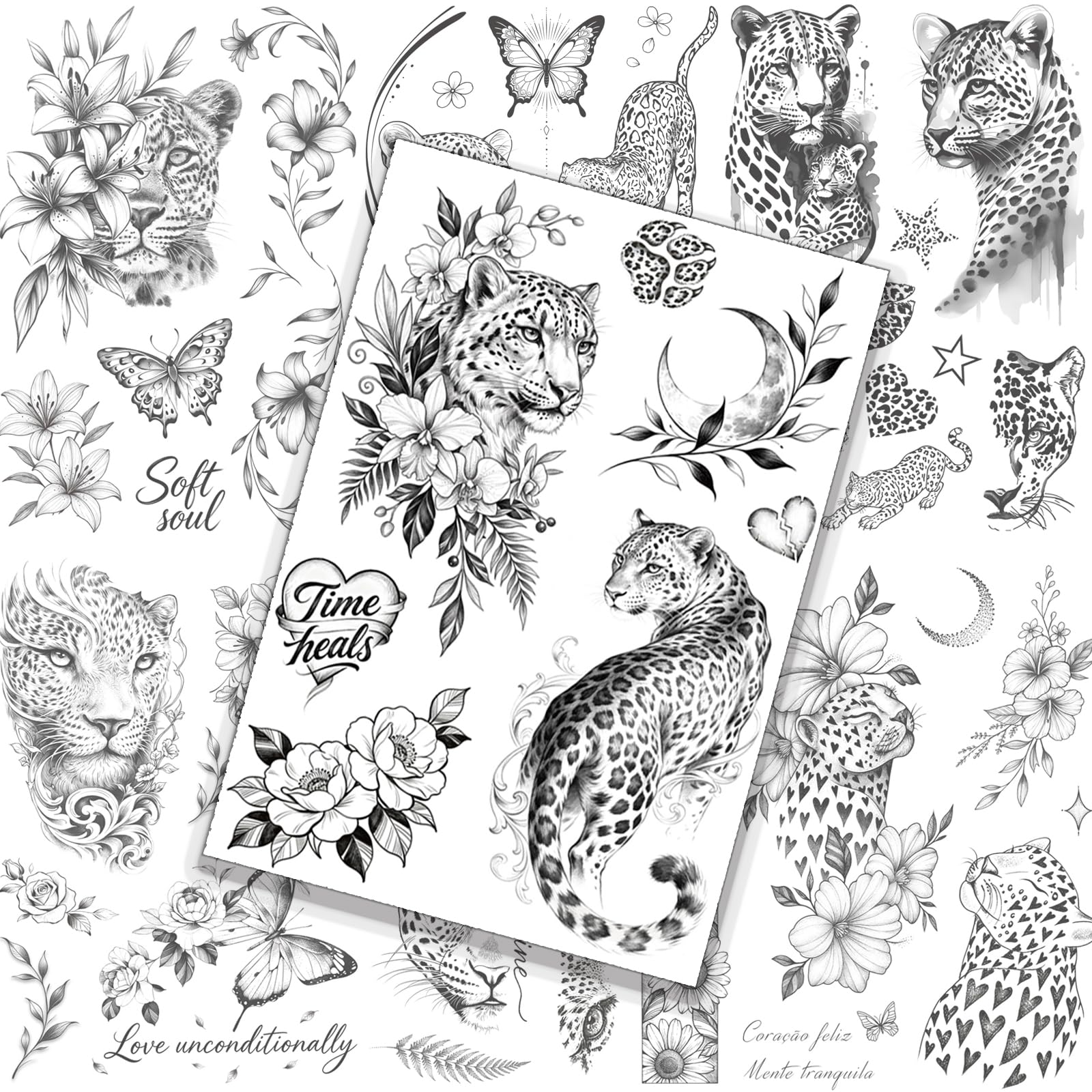 Tazimi 9 Sheets Large Black Sketch Leopard Temporary Tattoos for Men Women