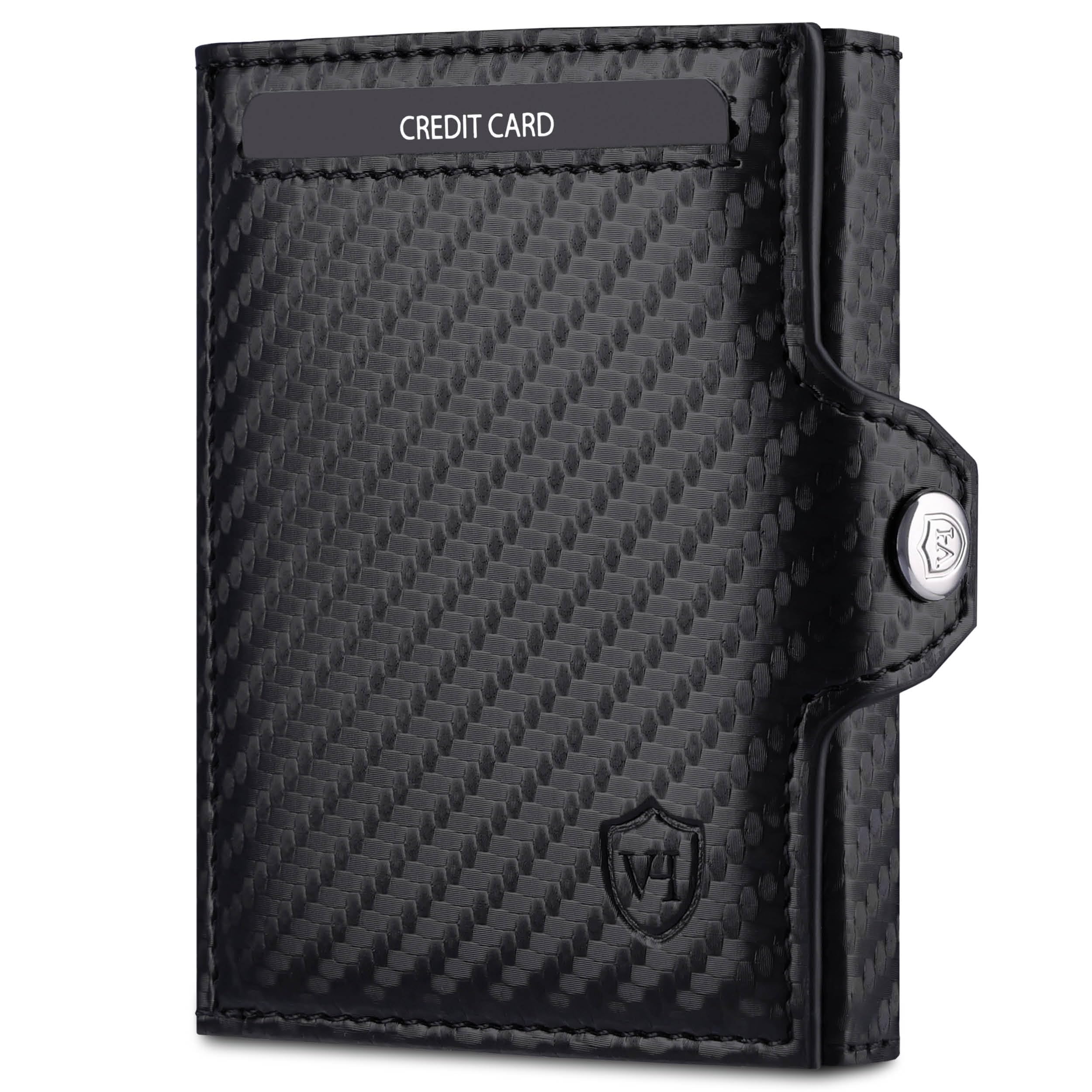 VON HEESEN Slim Wallet mit XXL Münzfach & RFID-Schutz - Leder Geldbeutel - Mini Geldbörse für Herren und Damen - Kartenetui Echtleder Karten Portemonnaie klein - Kreditkartenetui Carbon-Schwarz