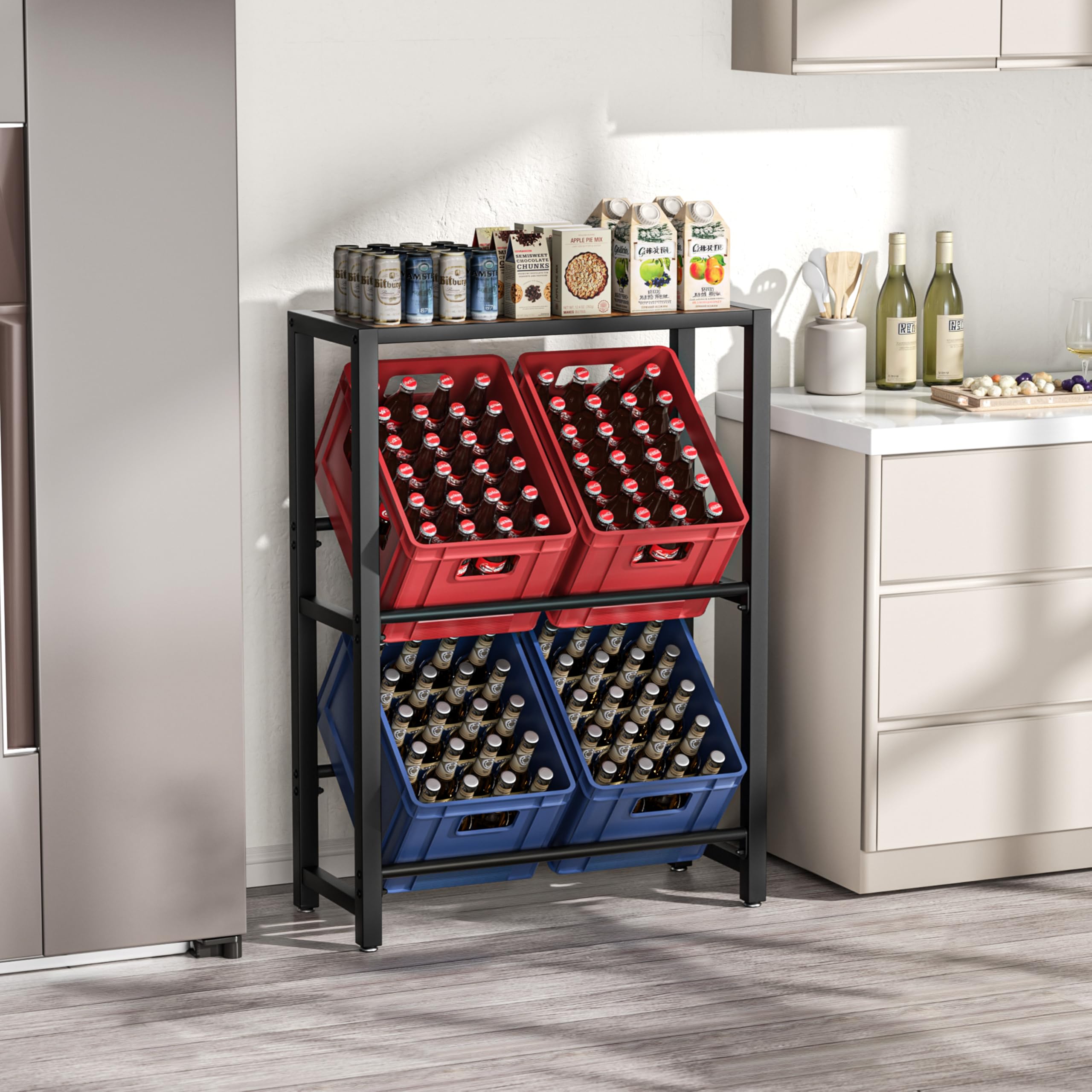 Josmimic Getränkekistenregal mit Ablage für 4 Kästen – Stabiles Metallregal in Schwarz, Platzsparendes Getränkekistenständer für Bier, Wasser & Softdrinks – Ideal für Küche, Keller & Abstellraum