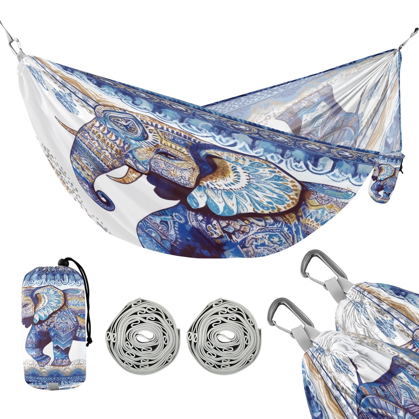 Haskirky Aztec Elephant Camping Hammock, Single Portable Hammocks with Tree Straps & Attached Carry Bag, 330Lbs Capacity Perfect for Outside Indoor Hiking Beach Backpack Travel