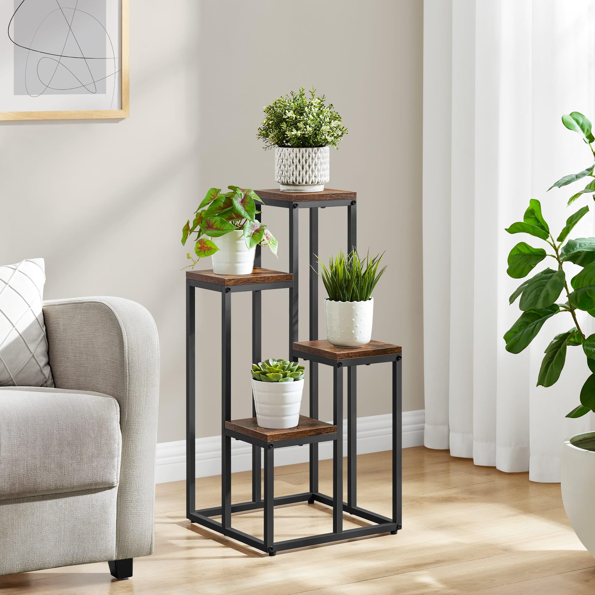 Étagère à pot de fleurs à 4 niveaux rustique avec pieds noirs – Idéal pour le salon, la chambre à coucher, le couloir ou le bureau Support de plantes de style loft avec cadre en acier pour plus de