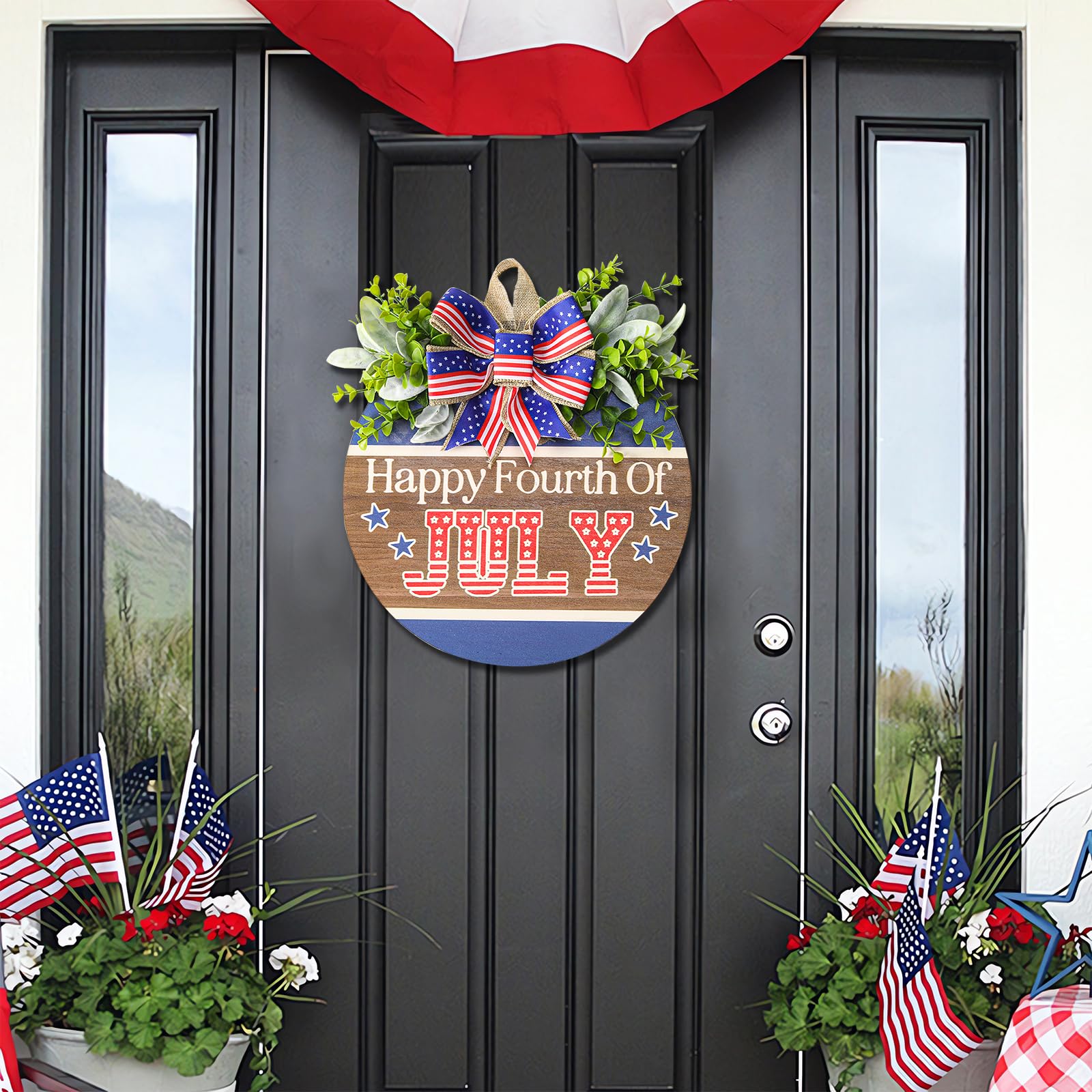 4th of July Patriotic Wreaths for Front Door Decorations Outsides,Happy 4th of July Door Sign Decorations Outdoor,Independence Day Wooden American Flag Patriotic Decor for Porch Wall Window Indoor