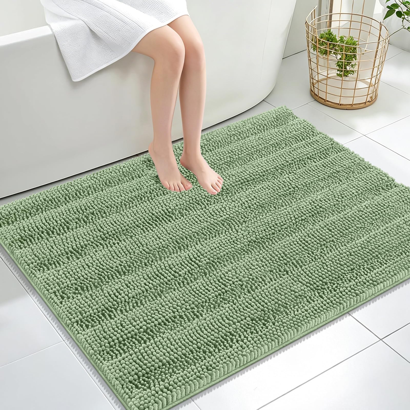 OLANLY Thick Large Bathroom Rugs 40x32, Chenille Bath Rugs, Sage Green