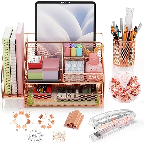 MooManGoo Rose Gold Office Desk Organizers and Accessories with Sliding Drawer, Pen Holder, Stapler, 6 Compartments +72 Clips Set, Office Supplies Mesh Desktop File Organizer for Women Home School