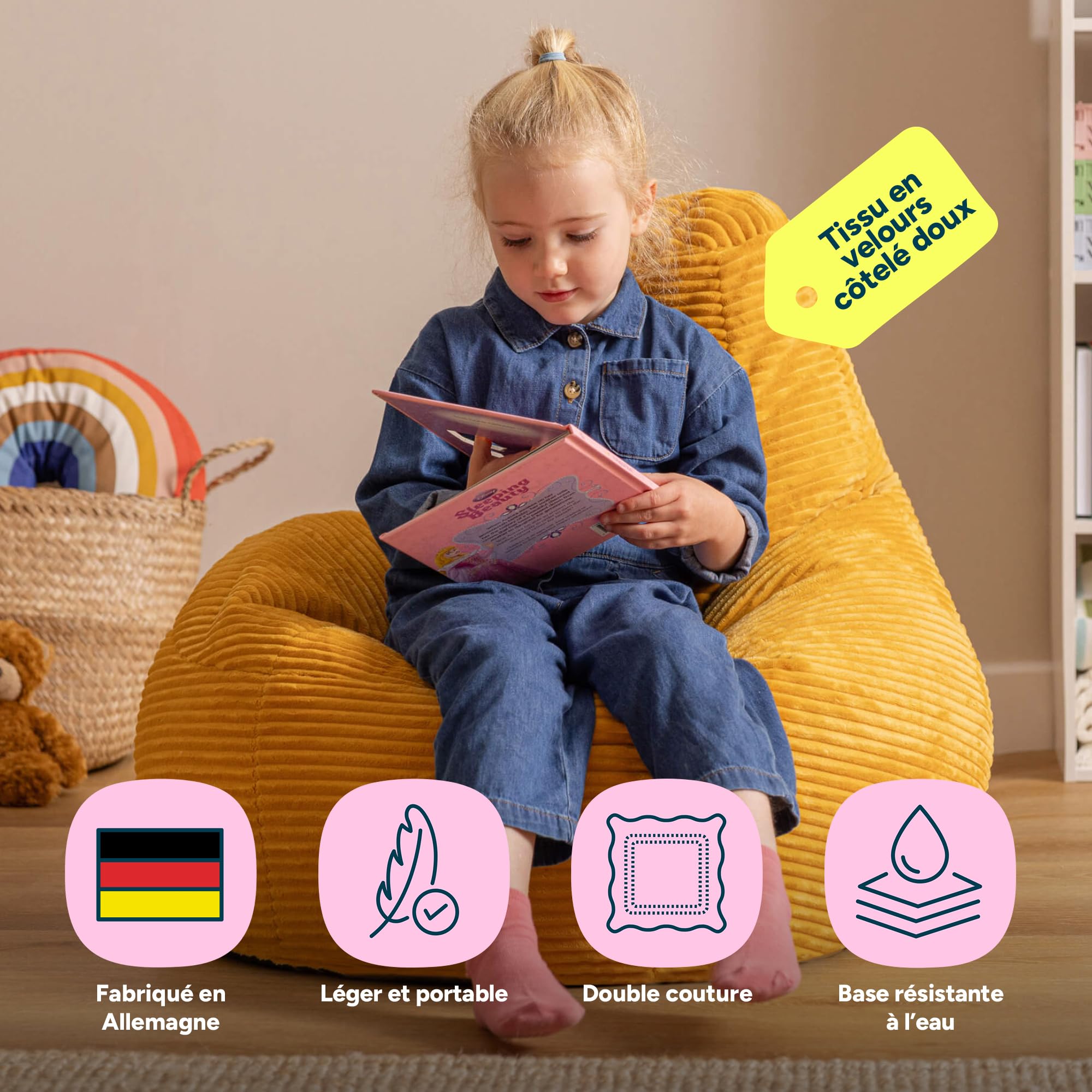 Icon Dalton Pouf Enfant, Velours Côtelé, pour Poire avec Remplissage, Chaise Enfant, Fauteuil Chambre, Meuble Chambre, Meuble Salon, Jaune