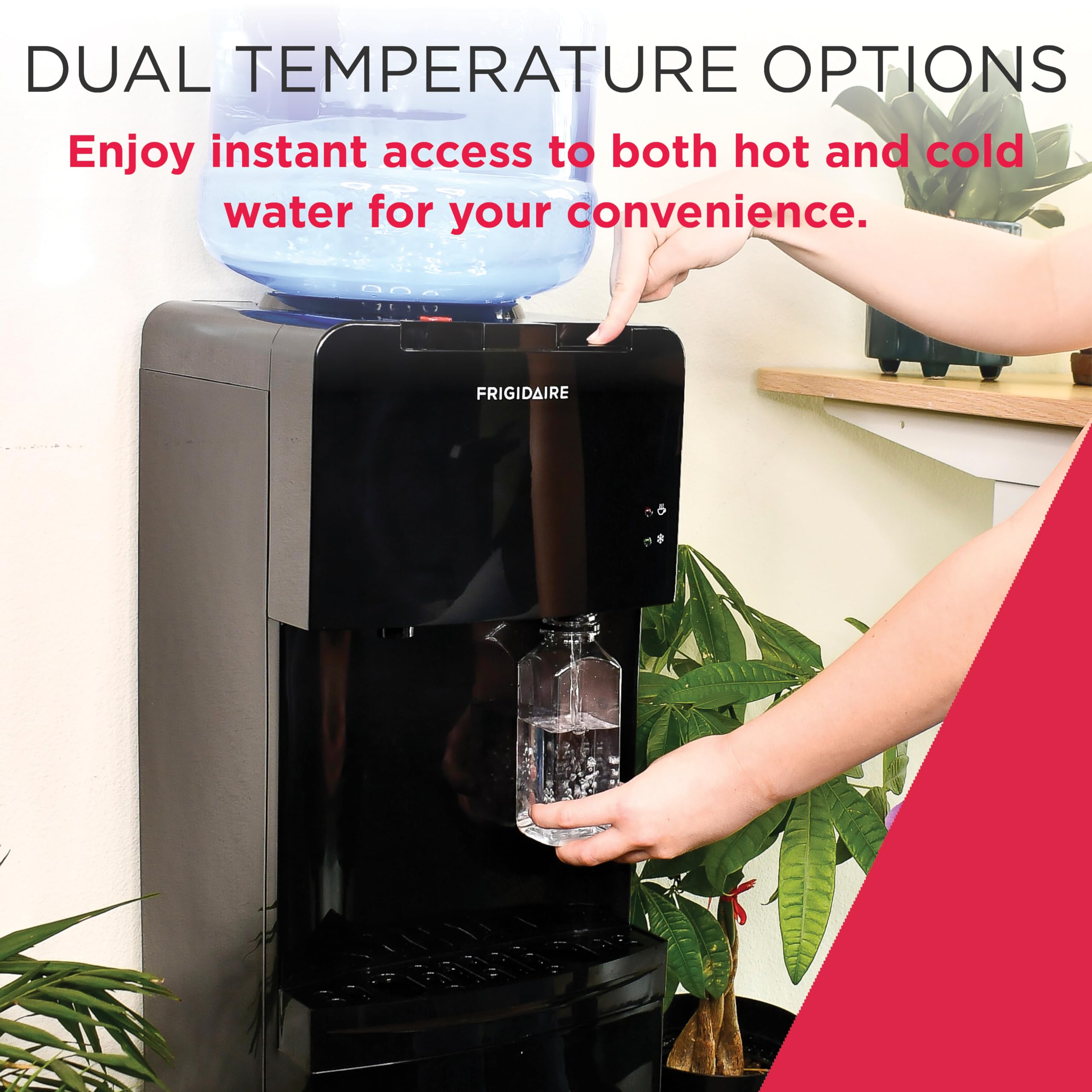 Frigidaire EFWC498 - Top Loading Cooler Dispenser -Hot & Cold Water - Child Safety Lock - Innovative Slim & Sleek Design, Holds 3 or 5 Gallon Bottles - Black