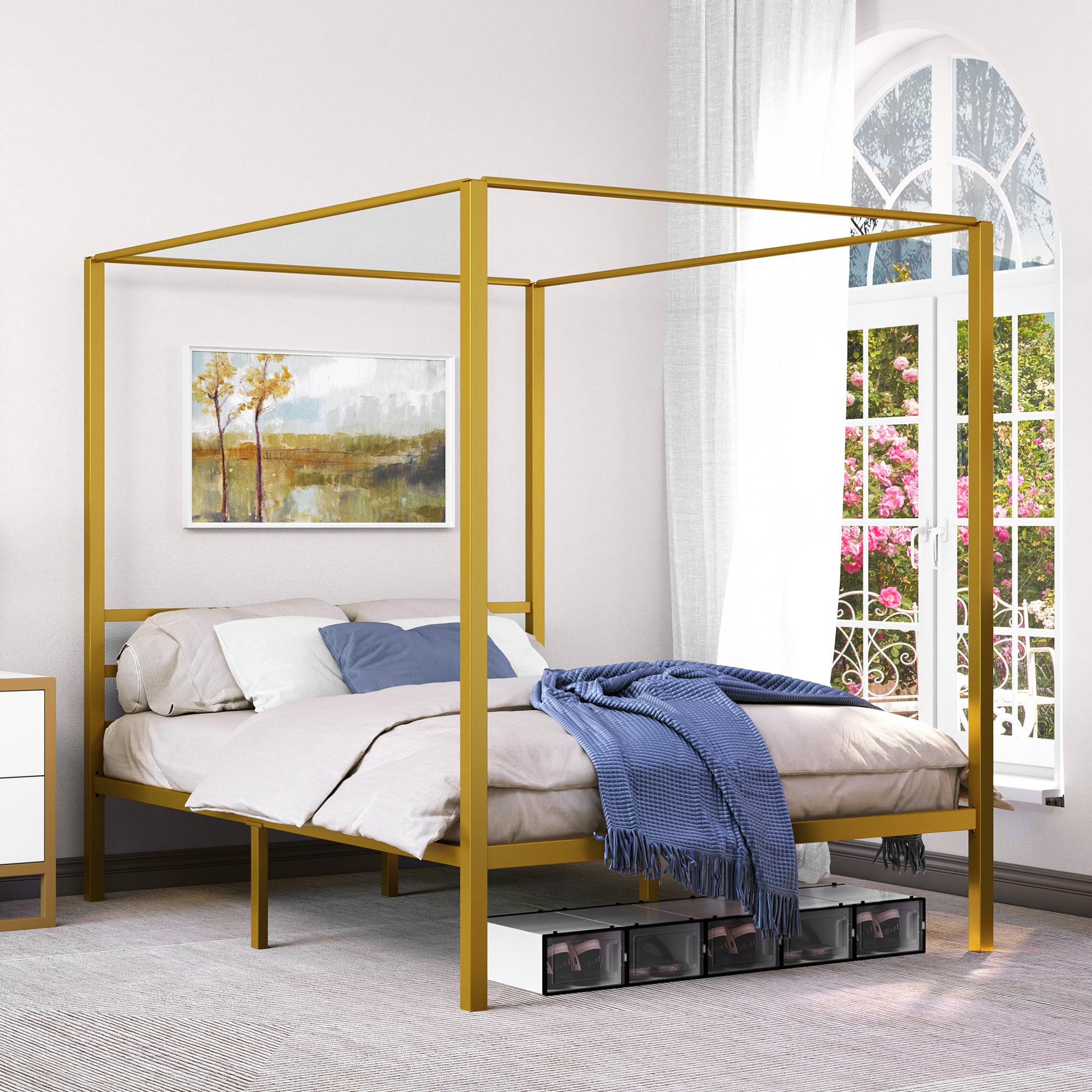 Amazon.com: YITAHOME Gold Canopy Bed Frame Queen Size, Metal Four ...