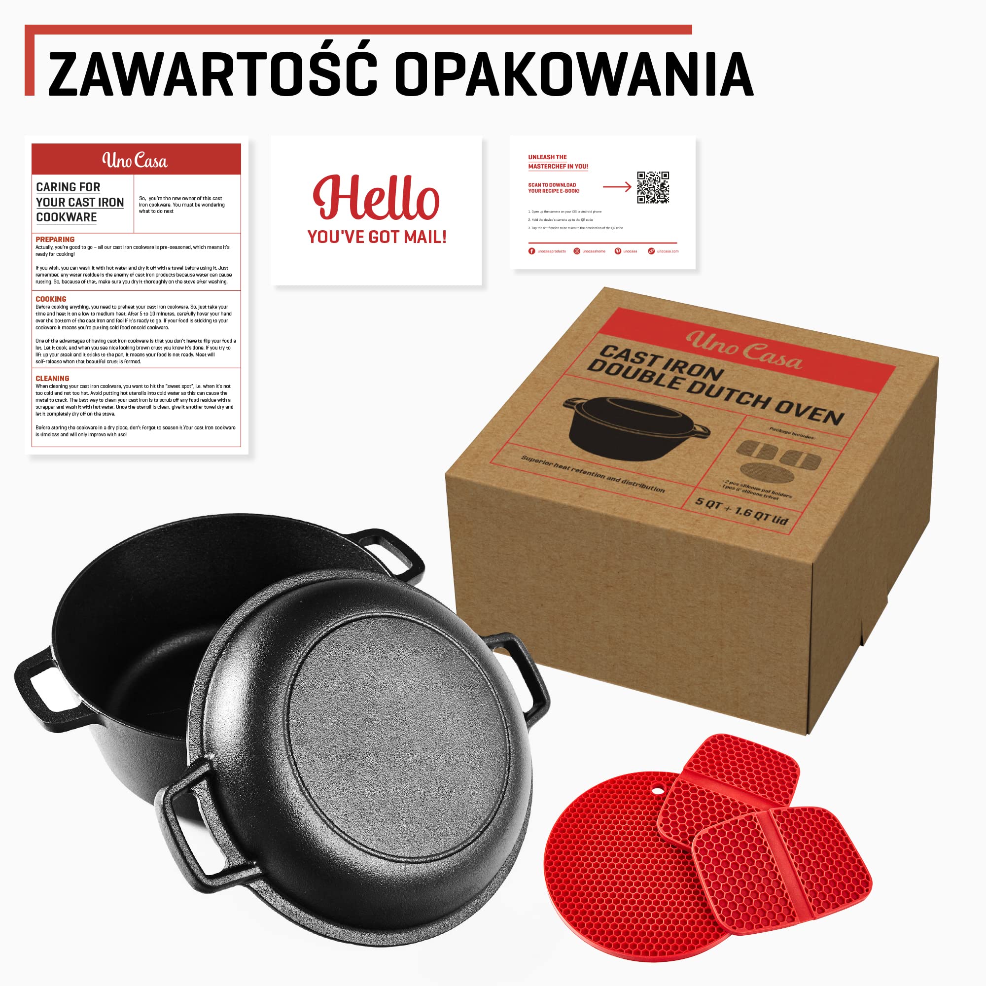 Garnek żeliwny z pokrywką Uno Casa – zestaw sezonowanych naczyń 2 w 1: garnek 4,7 l i patelnia 1,5 l