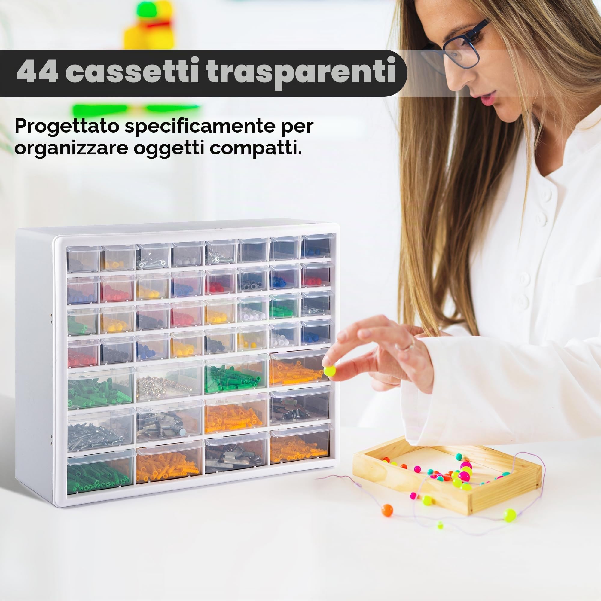 CraftGenes Organizzatore di stoccaggio per viti – Scatola di archiviazione per garage e officina con 44 cassetti e divisori regolabili, organizer murale per utensili (grigio)