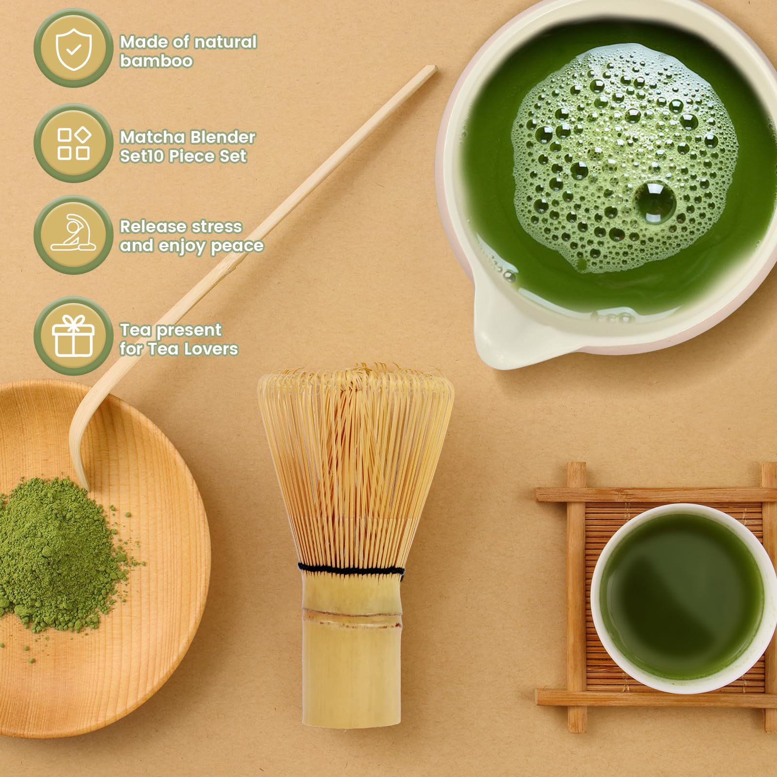 Mycketop Set Di 4 Fruste Matcha, Frusta In Bambù, Paletta, Supporto In