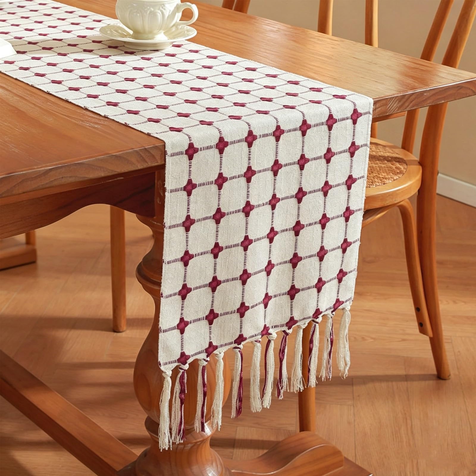 Cotton-Linen Blend Grid Plaid Table Runner With Hand-Torn Tassels,Fresh Home Decor Table Runner, for Dining, Coffee, Sideboards & Storage Cabinets(Red,160cm/62.9in)
