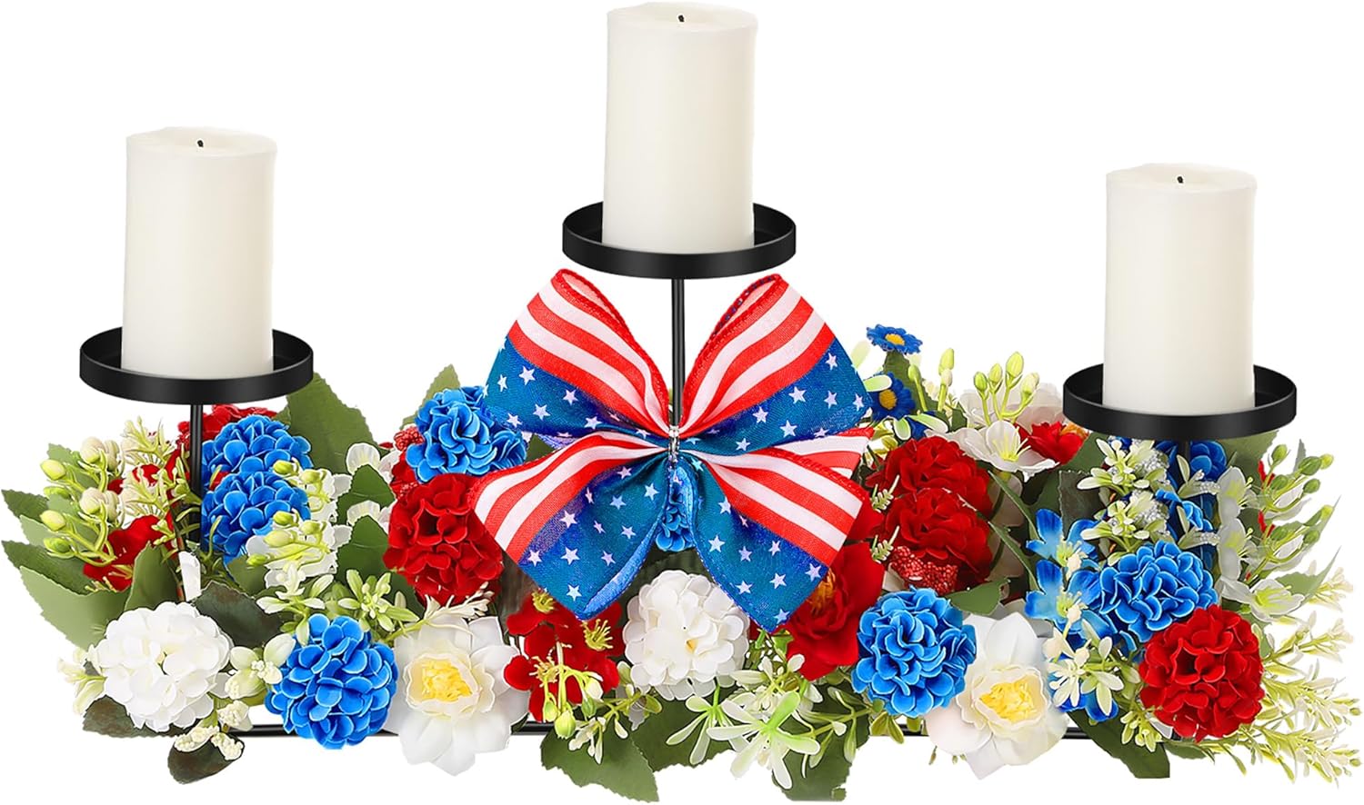 Mumufy 18.5" Big 250th Anniversary Patriotic Table Centerpiece Decor, 4th of July Candle Holder Red White and Blue Artificial Flower Wreath Ring USA American for Memorial Day(Elegant Style)
