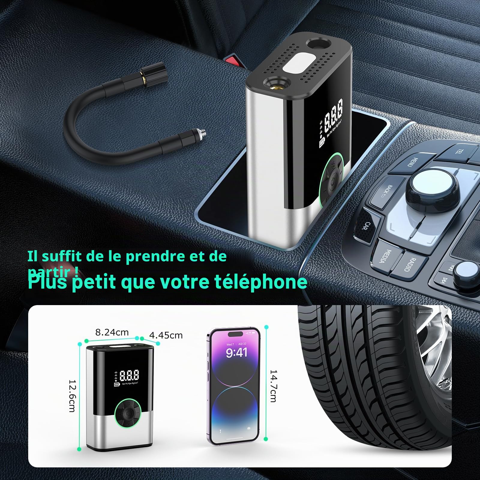 6000mAh Mini Pompe à Air Électrique，Compresseur à Air Portatif Gonfleur Pneus sans Fil 150PSI avec écran LCD Numérique，Pompe à air Rechargeable pour Voiture, Vélo, Moto, Scoote, Balle (Noir)