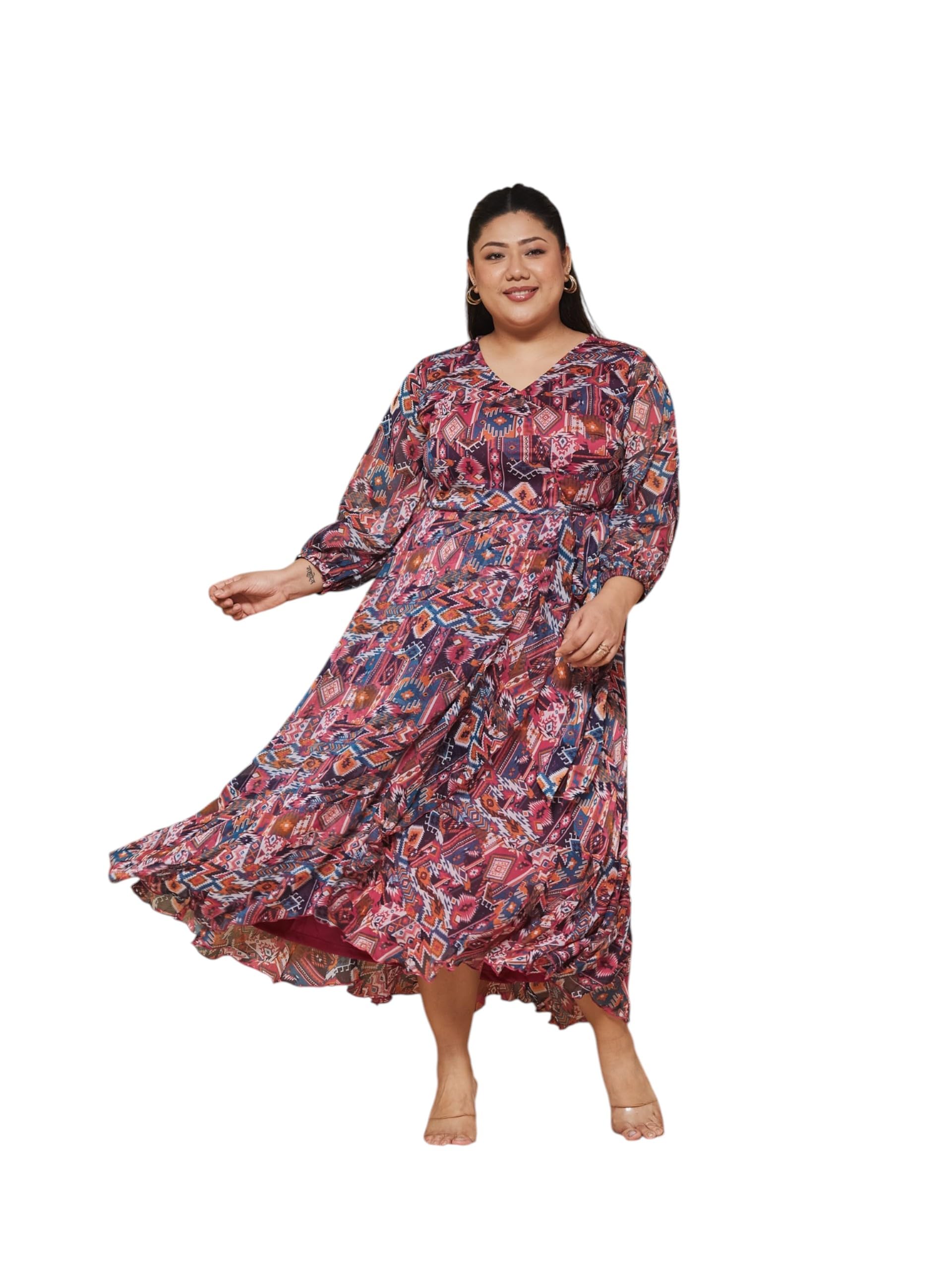 miss chase a+ Women's V Neck Three-Quarter Sleeve Geometric Patterned Wrap Midi Chiffon Dress-picture-31
