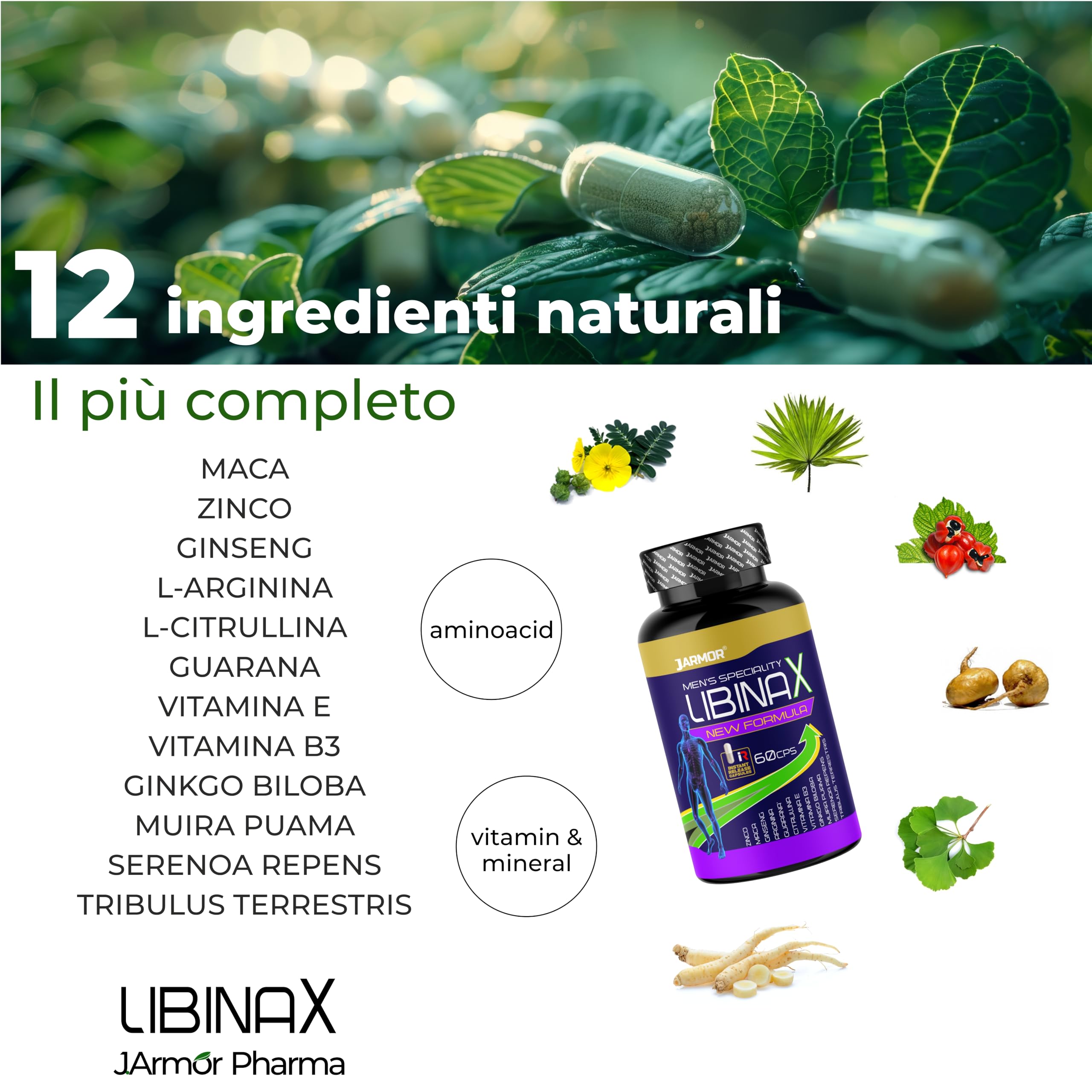 Libinax Integratore Uomo Vitalità Maschile – L-Citrullina, L-Arginina, Tribulus, Maca, Ginseng, Muira Puama, Ginkgo, Serenoa, Guaranà, Zinco e Vitamine – 60 Capsule