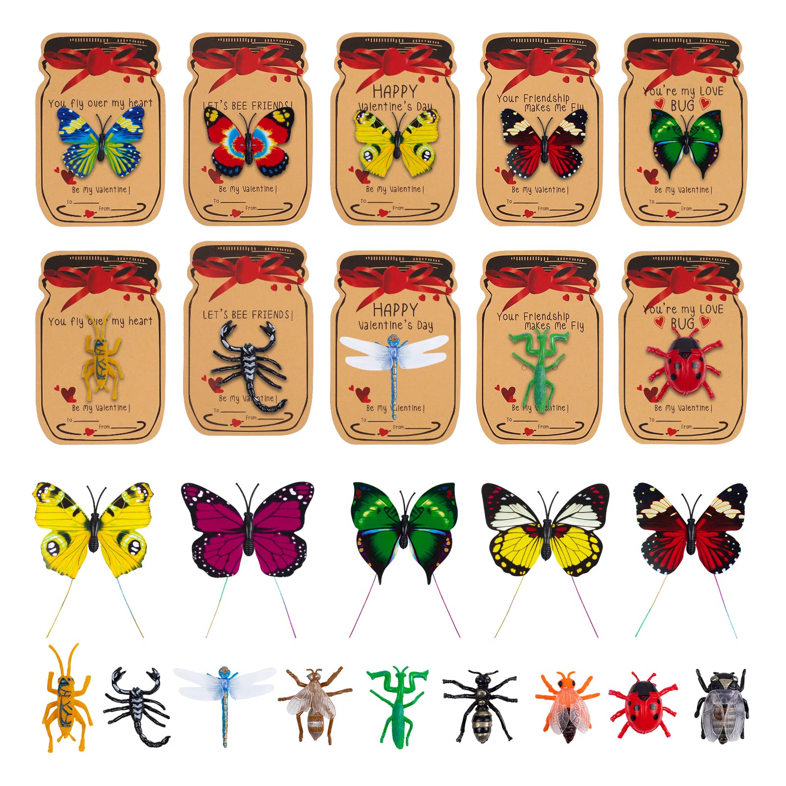 Valentines Day Gift Cards for Kids - 30 Pack Love Bug Valentine Cards with 12 Toy Insects and 18 Toy Butterfly - Kids Valentines Day Cards Classroom School Gifts Exchange Valentines Party Favors