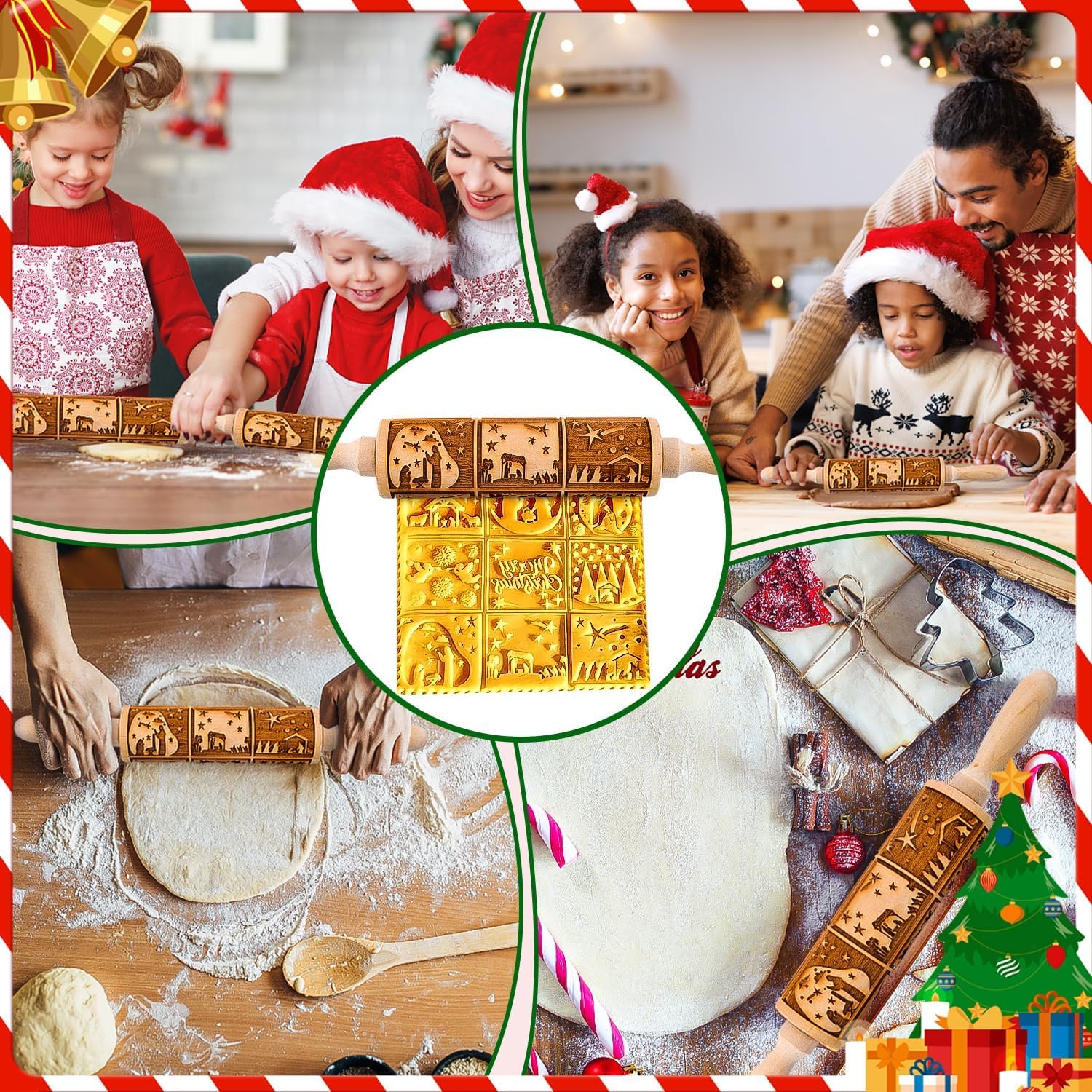 Rouleau à pâtisserie en bois 3D 35 cm motif fleurs de Noël