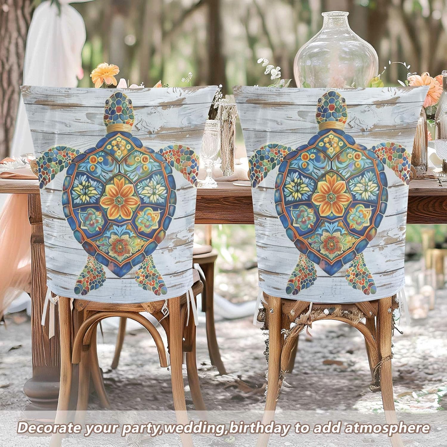 ALAZA Turtle in Boho Style Chair Back Cover Set of 6, Washable Reusable Removable Chair Slipcovers Decorative Chair Cover for Home Kitchen Wedding Party