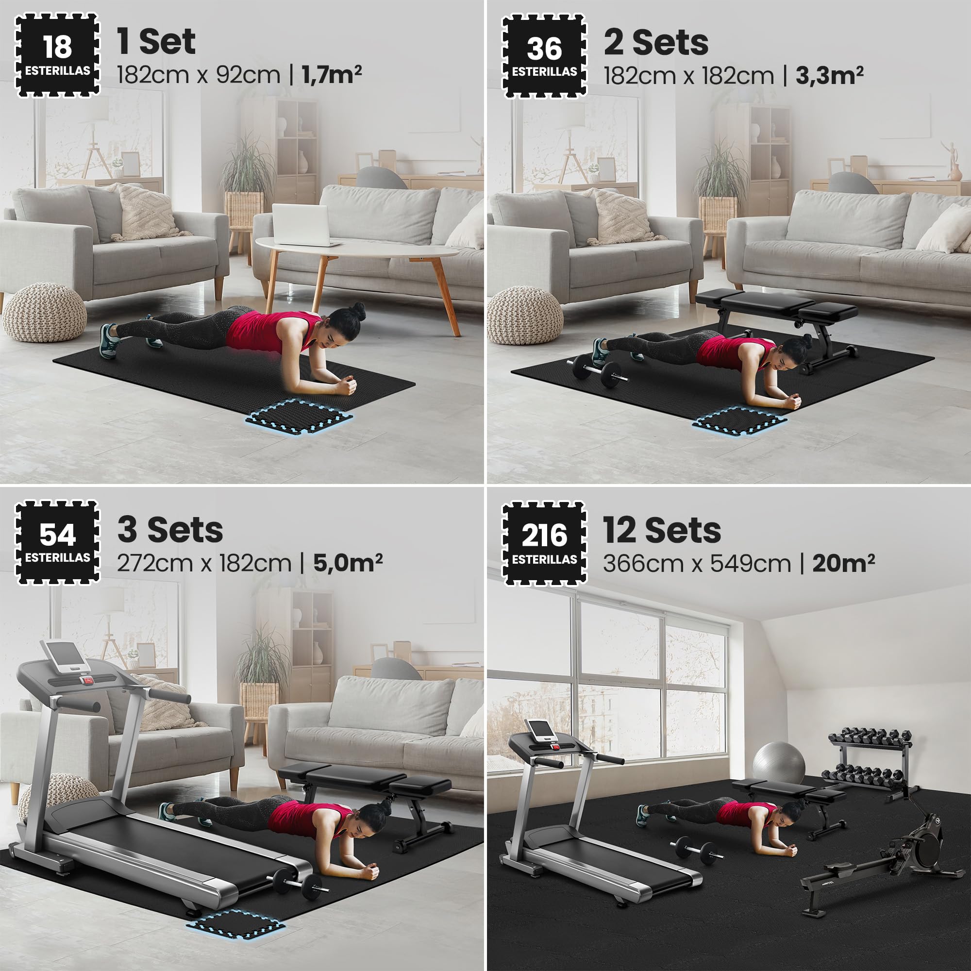 Esterilla Fitness Puzzle para Suelos de Gimnasio | Set de Protección Goma Espuma Losas Caucho para Máquinas de Deporte, Alfombrilla Protector Expandible Tatami Tapiz Alfombra Colchonetas Pesas Gym