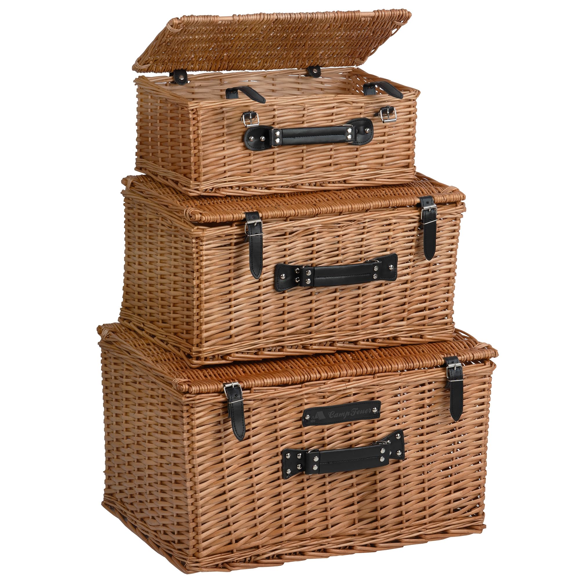 CampFeuer Set di 3 cestini in vimini con cinturino in similpelle, cestino da picnic intrecciato, cestino in vimini con coperchio, cestino da picnic | valigetta decorativa, cestino regalo, cestino da