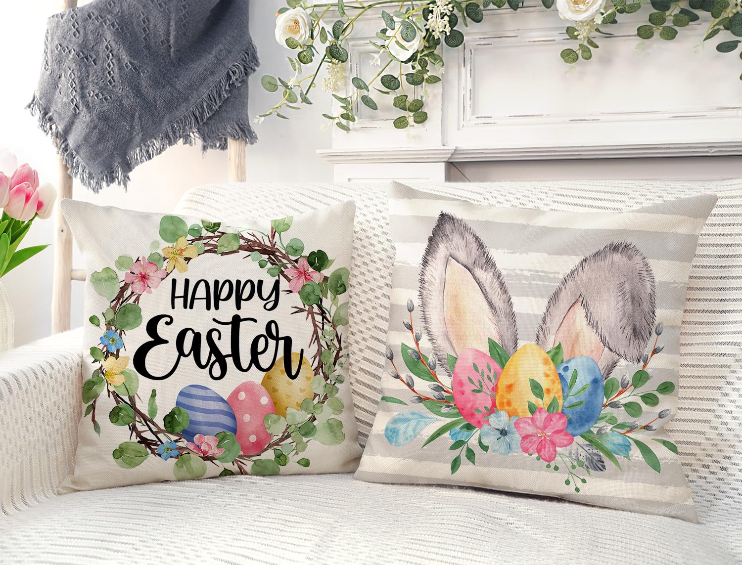 4TH Emotion Gray Easter Pillow Covers 18x18 Set of 4, He is Risen Bunny Floral Eggs Farmhouse Decorations Spring Holiday Decor Throw Cushion Case for Home Couch TH211 2