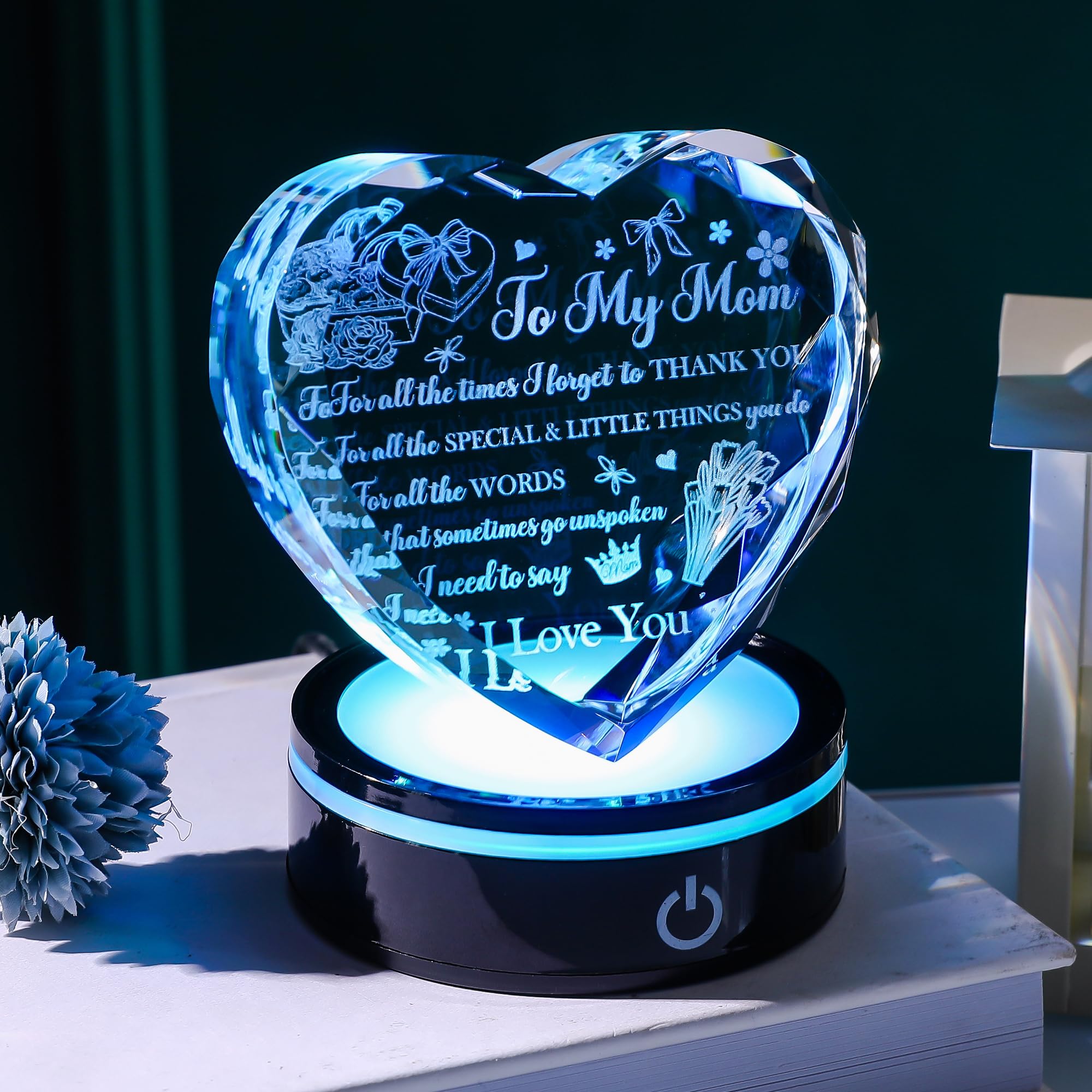 Regalo de corazón de cristal con base LED, mensaje grabado con láser «A Mother's Love is Forever», regalo significativo de cumpleaños, día de la madre de parte de su hija, hijo, recuerdo de