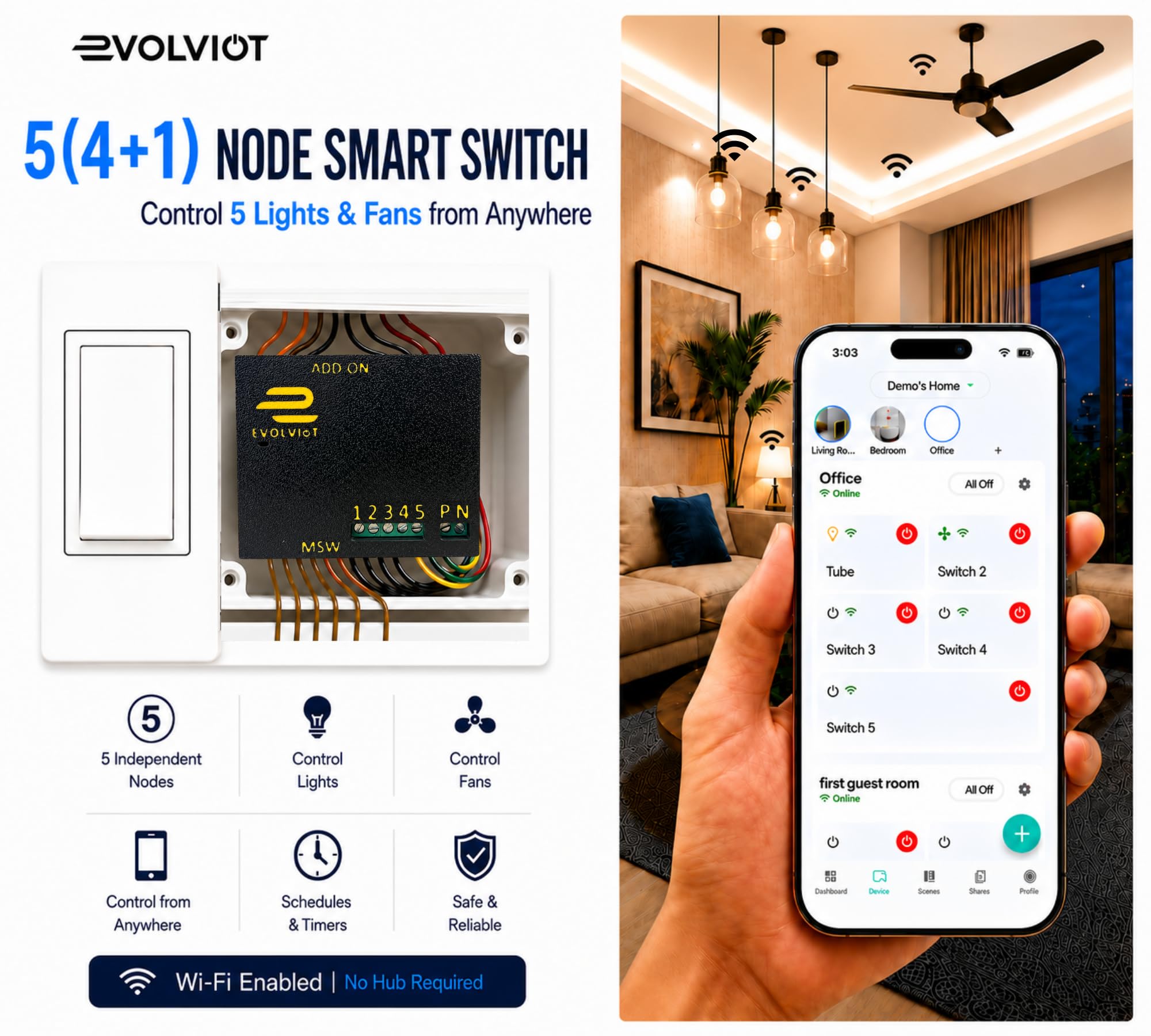EvolvIOT Smart Switch Module - 5-in-1 WiFi Control -7