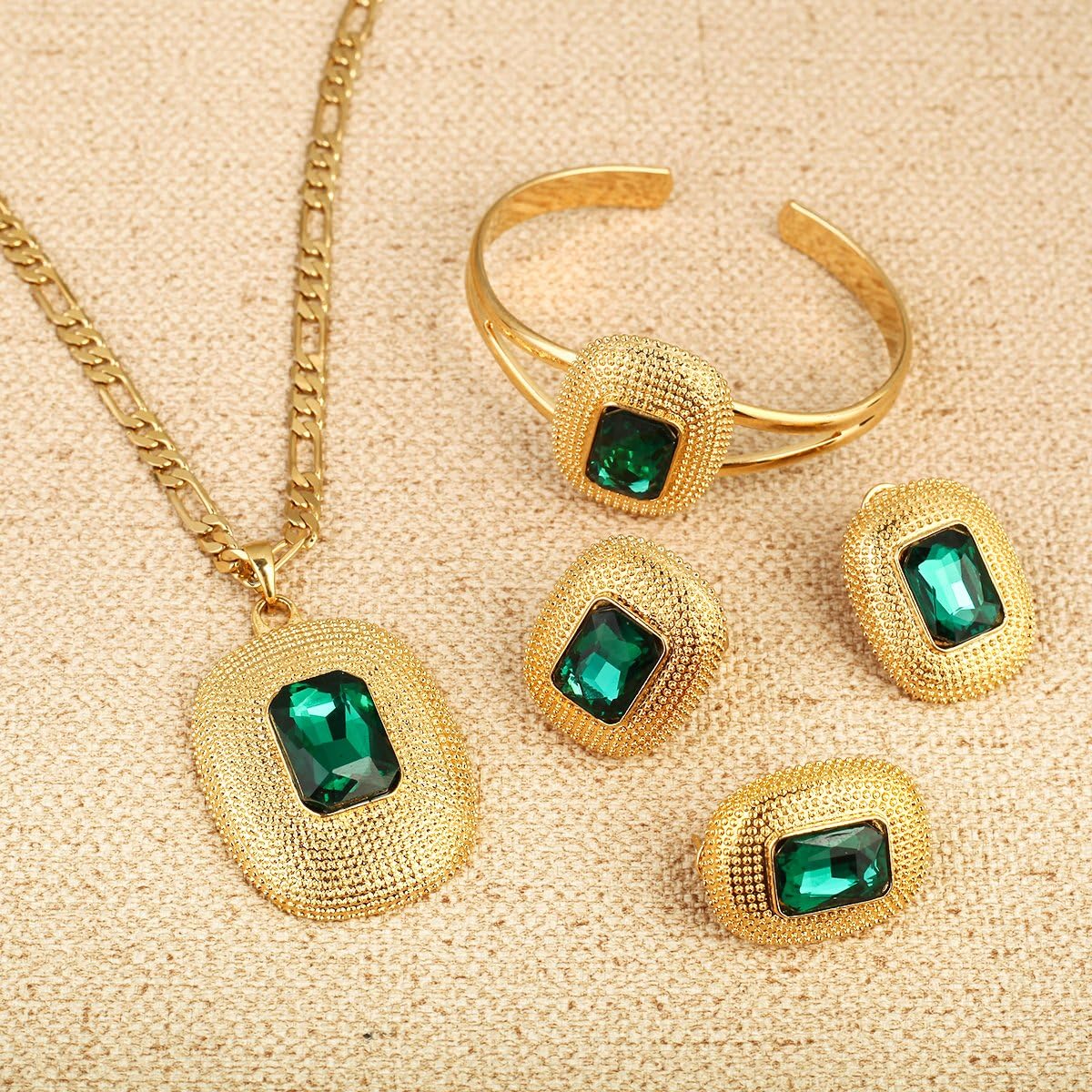 24K Gold Big Ethiopian Zircon-Gemstone Square Design Pendant Ring Earring Bangle Jewelry Bridal Sets